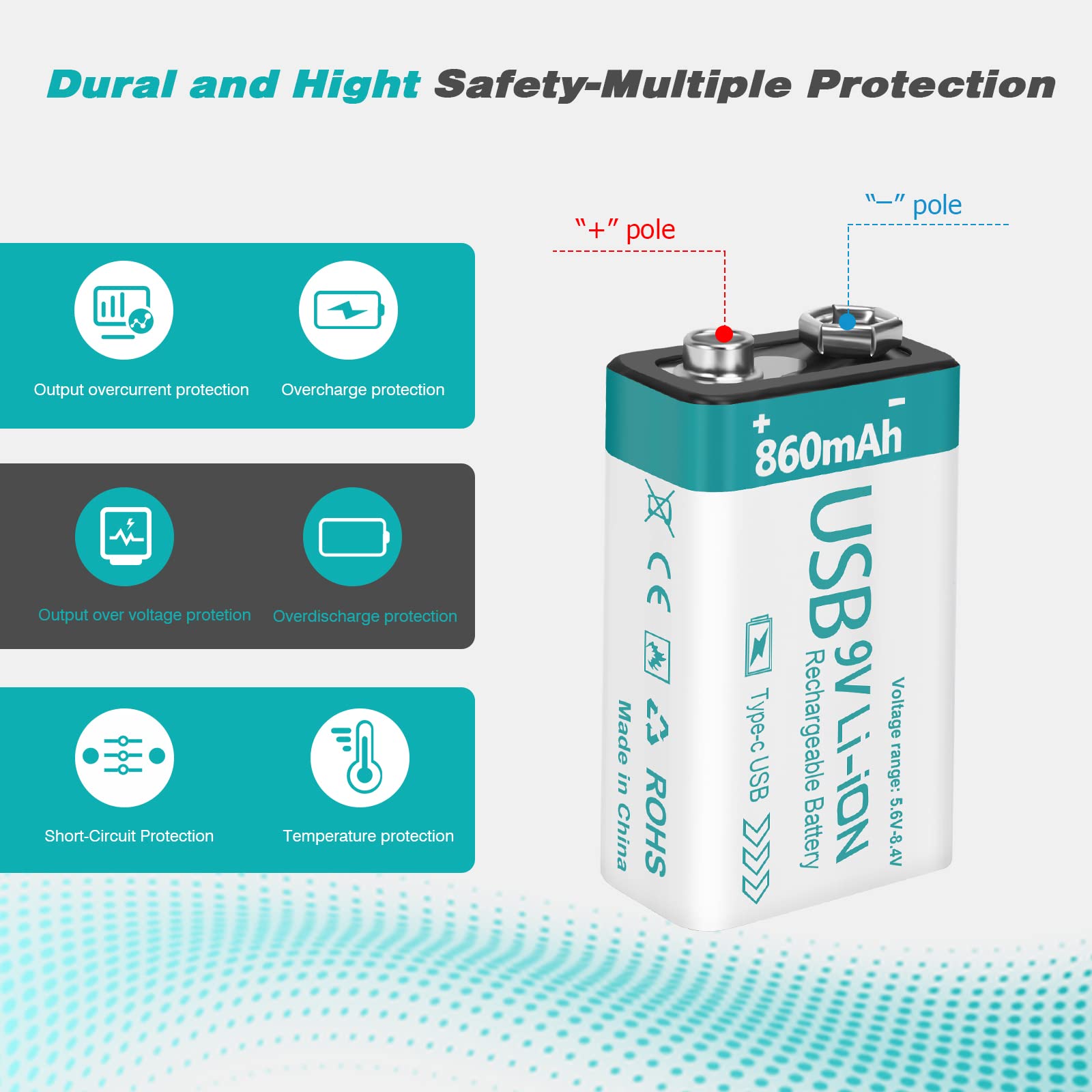 winbasic Rechargeable 9V Lithium USB Battery 860mAh with 4 in 1 Charge Cable, 9 Volt Batteries 6f22 for Smoke Detector Alarms (4 Pack)