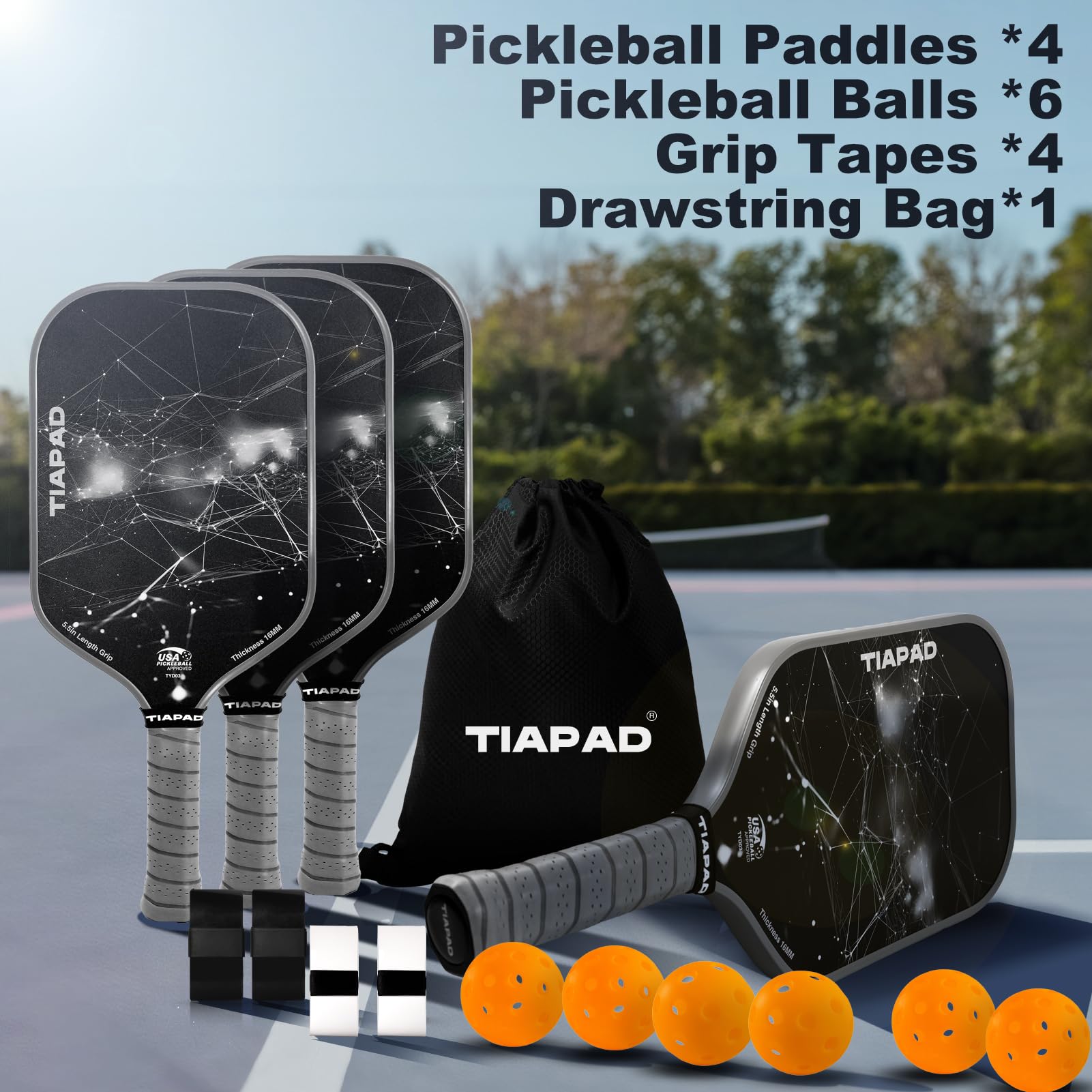 TIAPAD Pickleball Paddles Set of 2/4, USAPA Approved, Foam Molding 5.5" Long Handle, Lightweight, Fiberglass 16mm, Textured Surface, Elongated Pickle Ball Rackets 2 Pack for Beginner