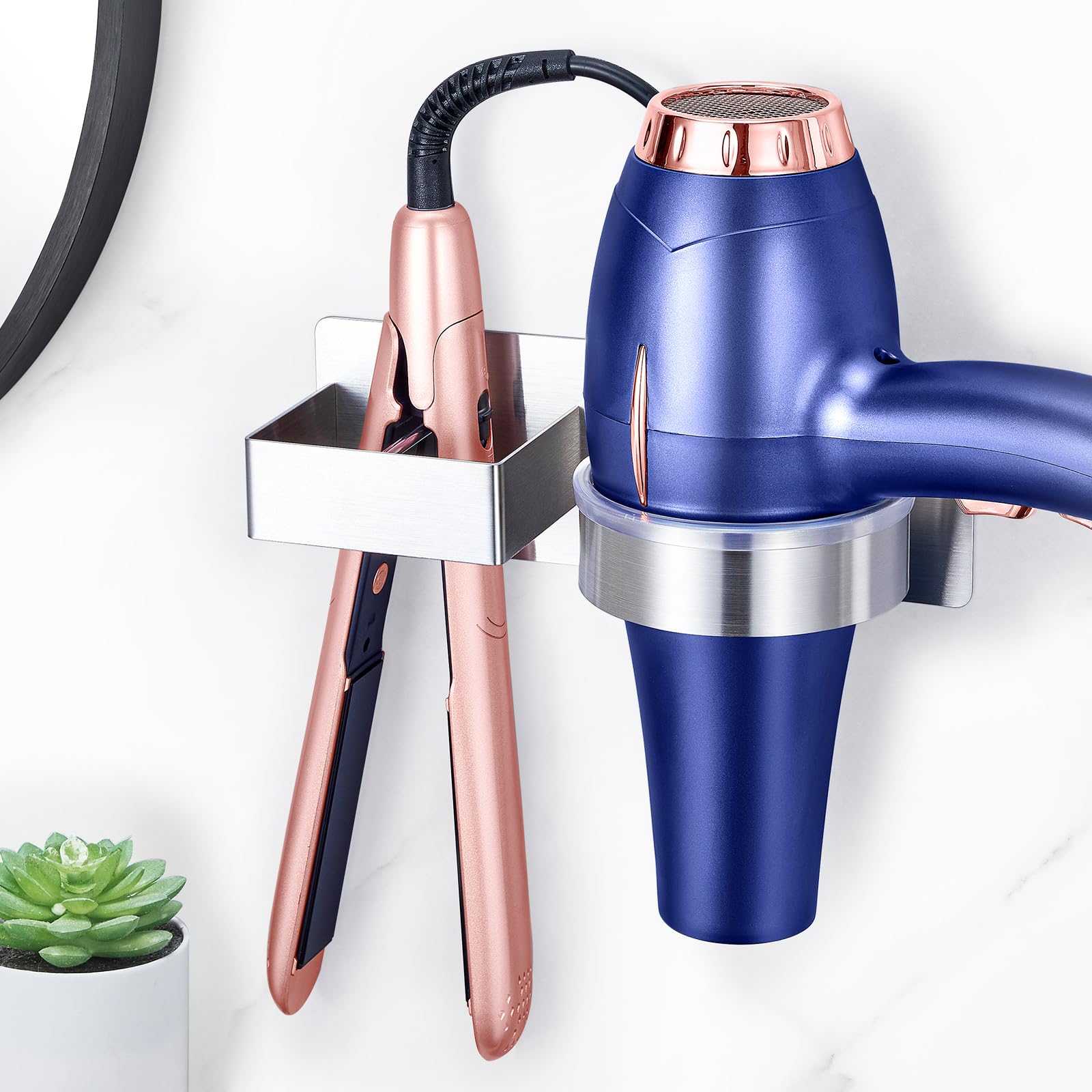 Hair Dryer Holder Wall Mounted, Hair Straightener Holder, Stainless Steel Blow Dryer Holder, Hair Tool Organizer for Hairdryer Holder Storage, Adhesive Curling Iron Holder for Bathroom Vanity