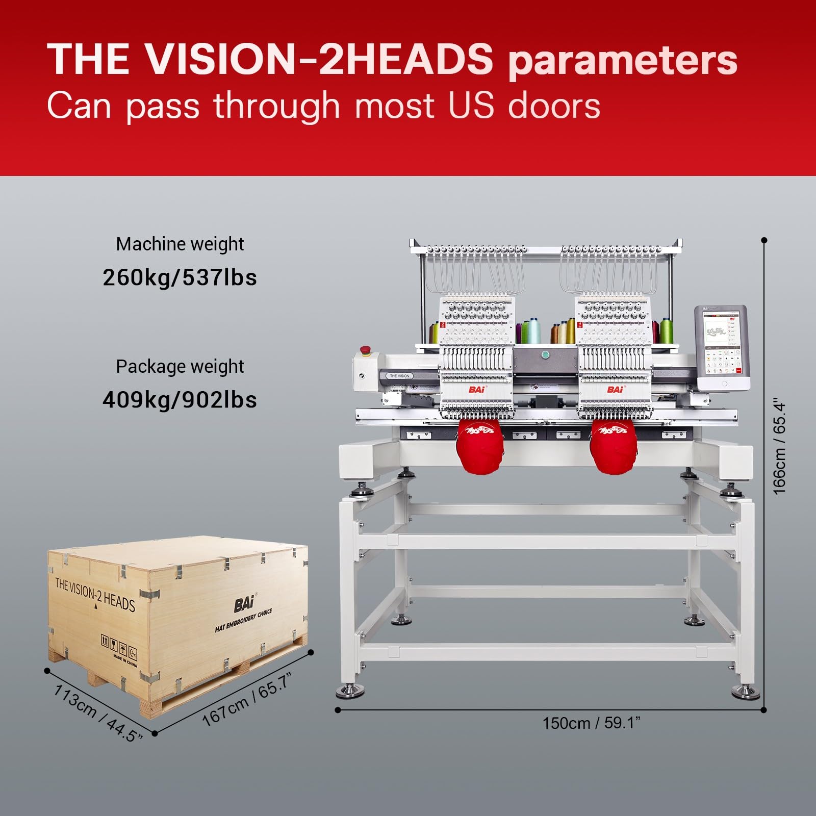 BAi The Vision-2Heads Multi Needle Industrial Embroidery Machine with 20x16" Embroidery Area,Wifi Available Tubular Structure High Penetration,1200spm Max Speed and 950spm for Structural Hat
