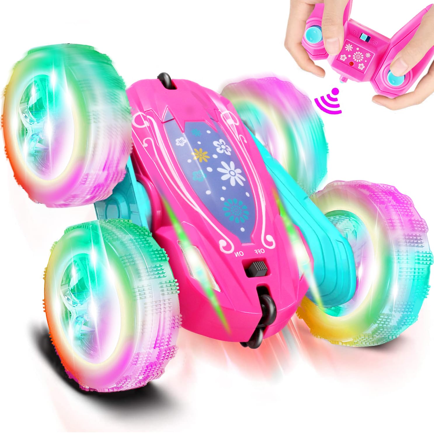 FREE TO FLY Remote Control Car for Girls : Pink RC Car Double Sided 360°Flip Stunt Cars with Headlights & WheelLights Rechargeable Toy Car Birthday Gifts for Girl Kids Age 6 7 8 9 10 11 12 Year Old