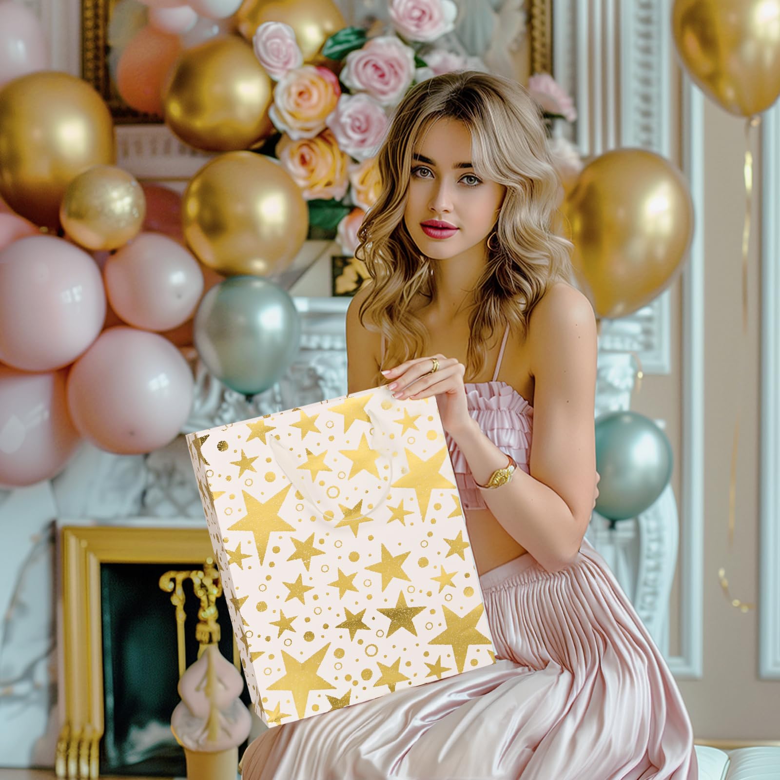 PAPER FAIR Metallic Gold Foil Gift Bags Bulk with White Tissue, 12 Pcs with 4 Unique Patterns: Stars, Polka Dots, Diamonds & Stripes, Large Size 12.5X10X4 inch, Ideal for Christmas Birthday Gift Wrap