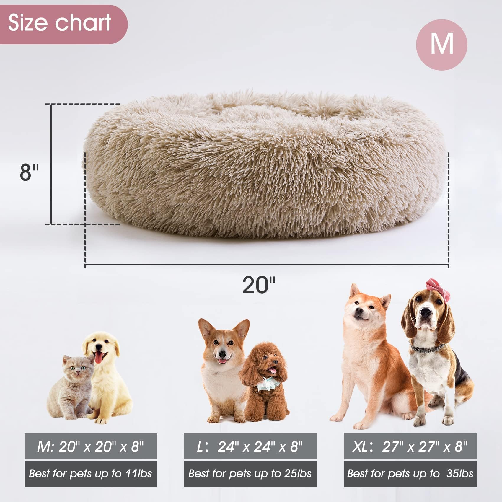 WESTERN HOME WH Calming Dog & Cat Bed, Anti-Anxiety Donut Cuddler Warming Cozy Soft Round Bed, Fluffy Faux Fur Plush Cushion Bed for Small Medium Dogs and Cats (20"/24"/27"/30")