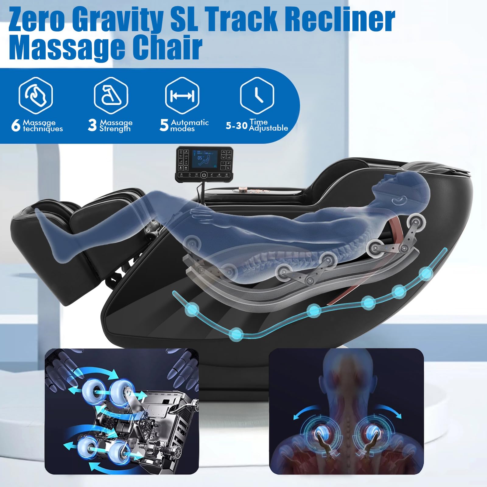 Luxury 4D Zero Gravity Full Body Massage Chair with SL-Track Technology, Back & Calf Heating, Foot Rollers, and Adjustable Recline, Full Body Airbags Compression Massage (Black)