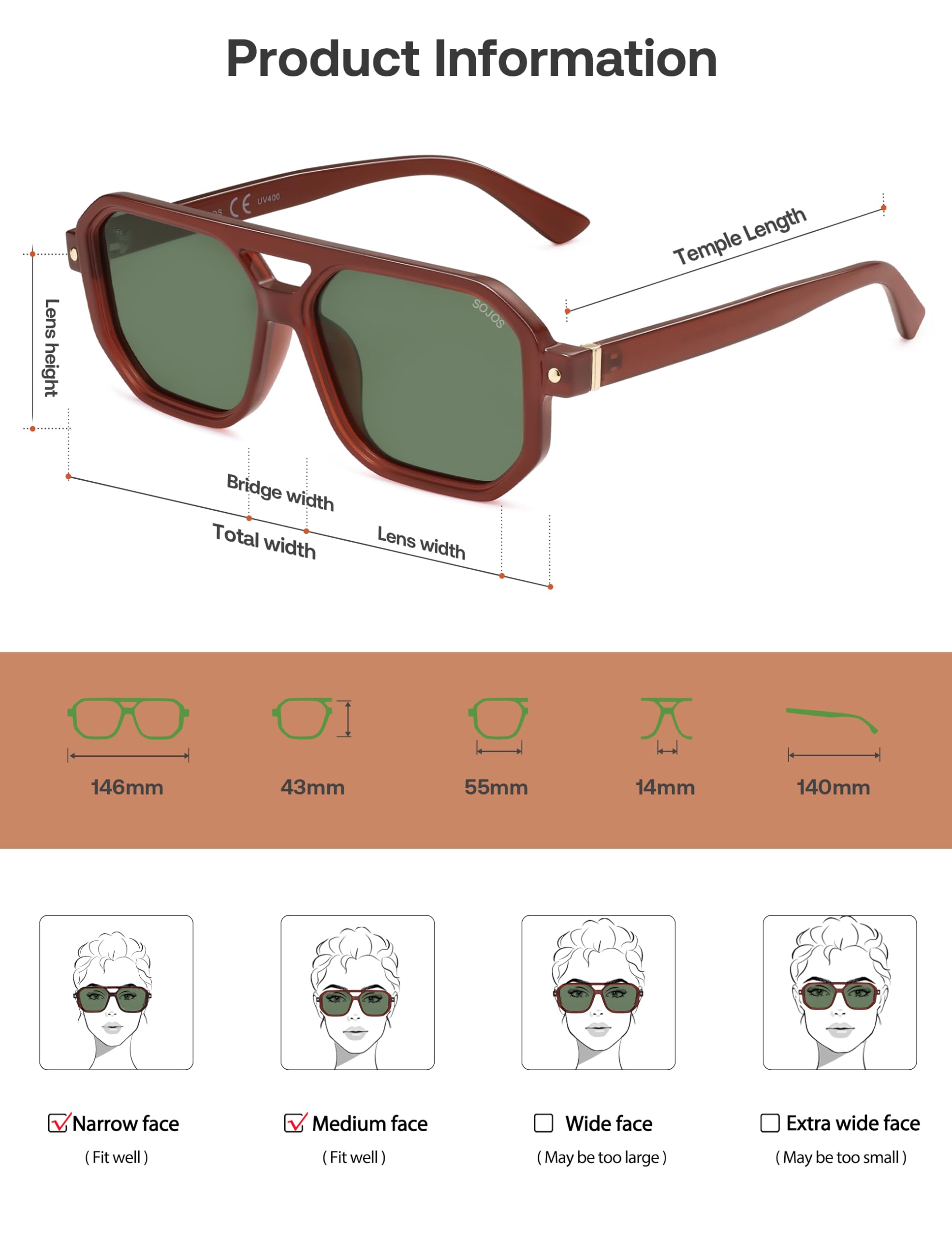 SOJOS Retro Polarized Square Aviator Sunglasses for Women Men Vintage 70s UV400 Protection Shade SJ2609 Milky Brown Green Lens