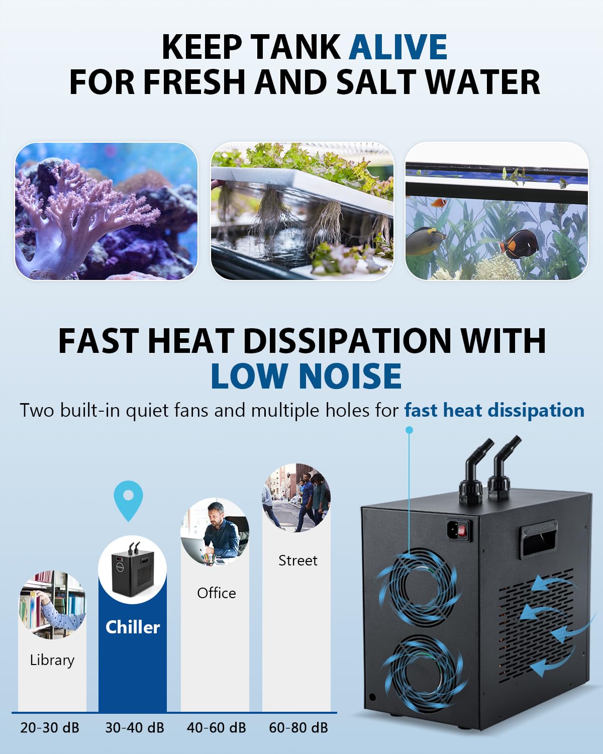 BAOSHISHAN Aquarium Chiller 42gal 1/10 HP Water Cooler Fish Tank Chiller Special Quiet Design Refrigeration Compressor for hydroponics Water weeds Jellyfish Coral Crystal Shrimp (42gal/160L)