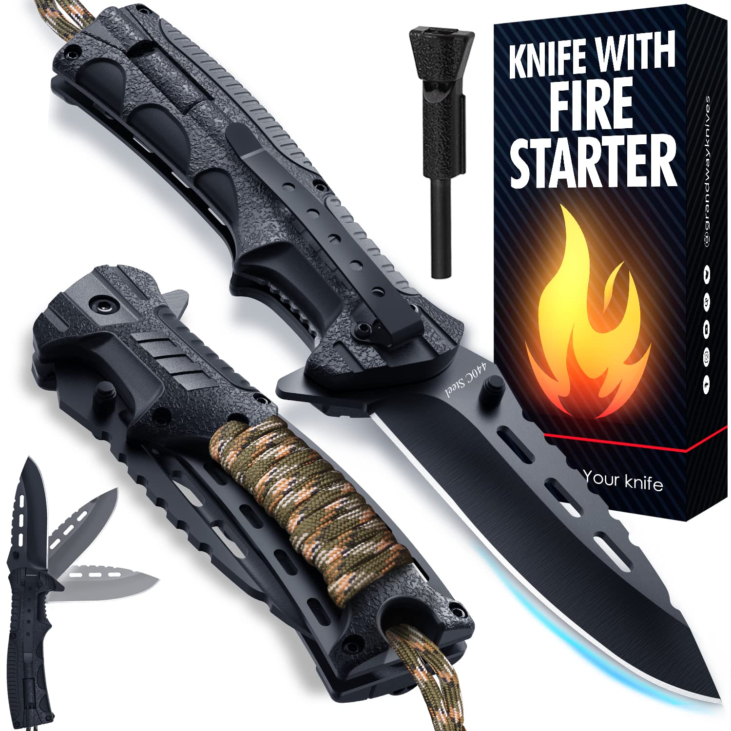 Grand Way Pocket Knife - Spring Assisted Knife with Fire Starter Whistle Paracord Handle - Tactical Folding Knives - Best for Survival Hiking Hunting Camping - Stocking Stuffers for Men 6772