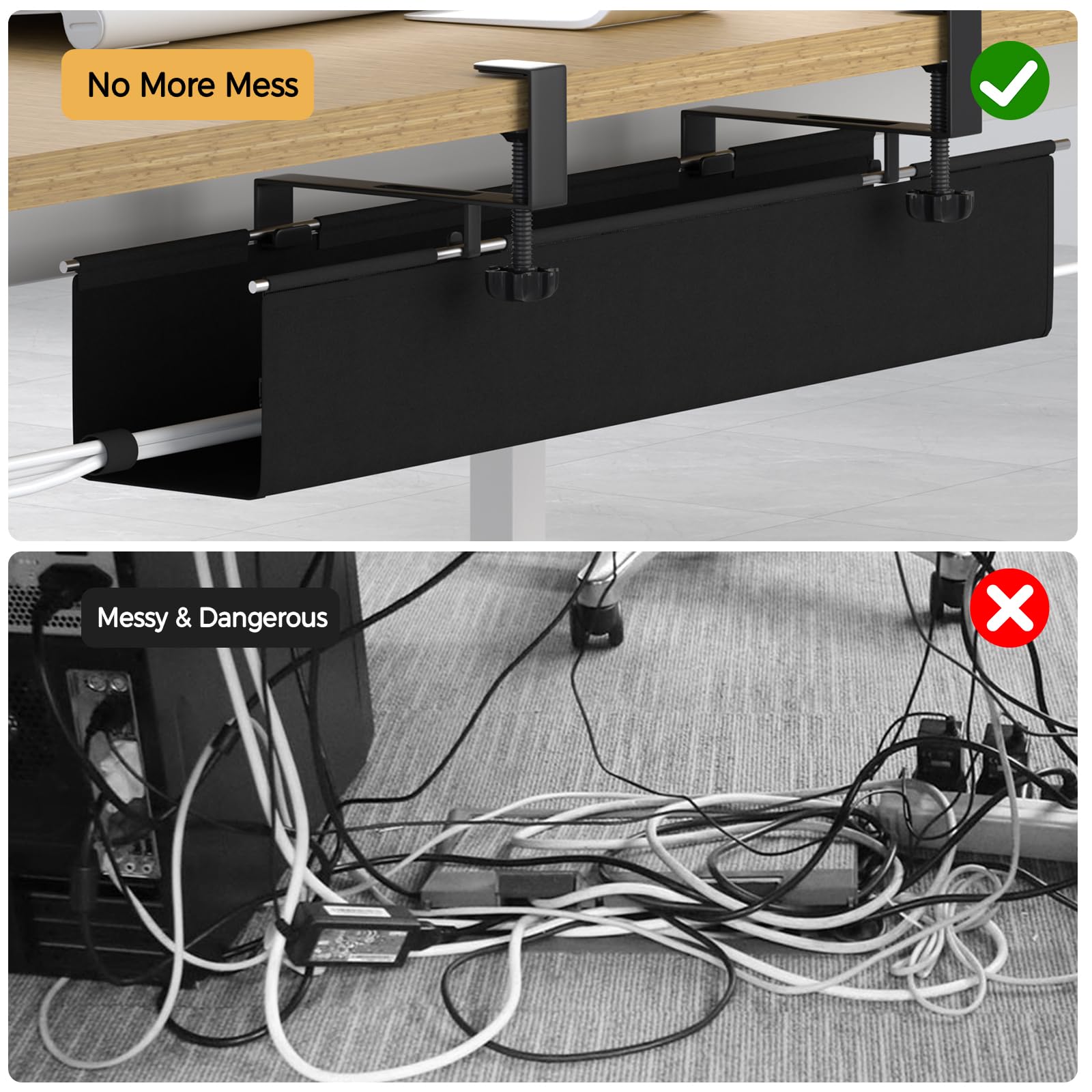 Under Desk Cable Management Tray - 27.2'' Desk Cord Organizer Clamp-on Computer Wire Organizer Cable Tray No Drill, with 16X Cable Ties Hide PC Cable Management for Office/Home,Fabric Desk Cord Holder