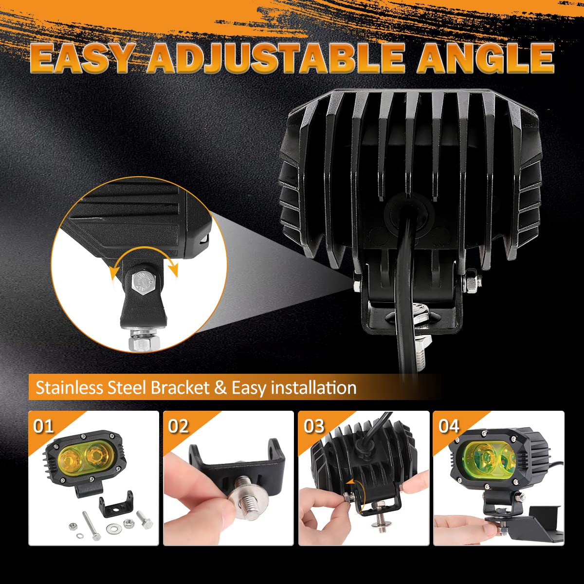 Auxbeam 4 Inch LED Amber Pod Light, 60W Driving Yellow Flood Beam Square Pod Fog Lights with DT Wiring Harness for Motorbike SUV ATV Truck Jeep Boat Tractor Forklift (2 Pcs)