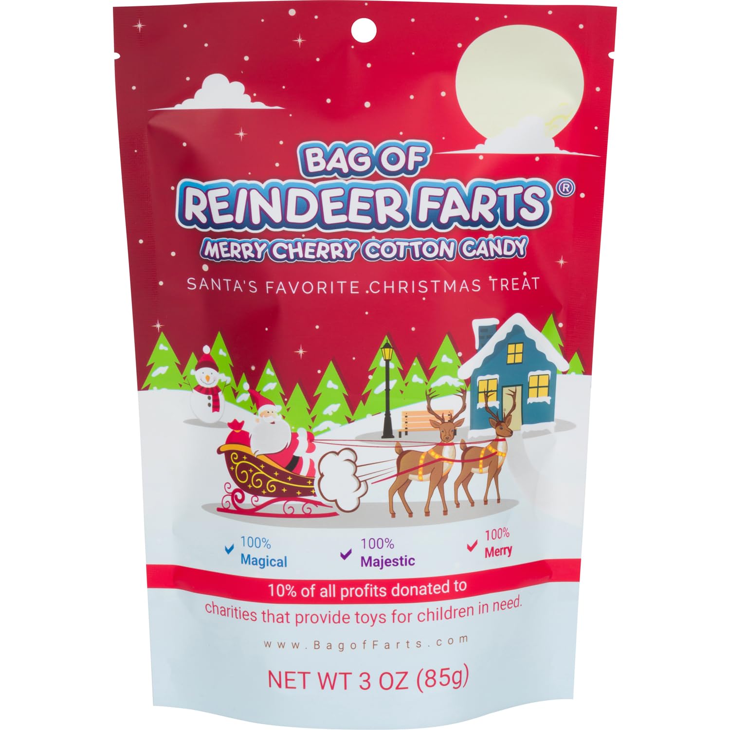 Bag of Reindeer Farts Cotton Candy, NEW Merry Cherry Flavor, 1 pack / 3 ounces, Funny Christmas Stocking Stuffer Present for Kids Boys Girls Teens Teachers White Elephant Unique Holiday Surprise