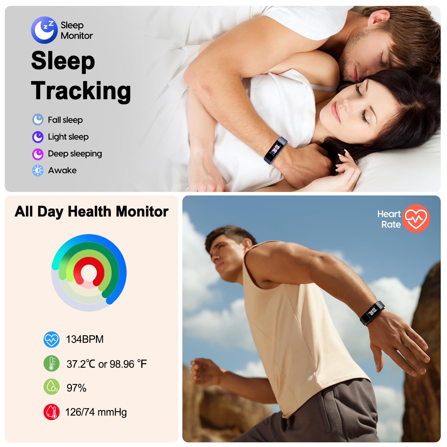 ENGERWALL Fitness Tracker with Step Counter/Calories/Stopwatch, Activity Tracker with Heart Rate Monitor, IP68, Health Tracker with Sleep Tracker, Smartwatch, Pedometer Watch for Women Men Kids