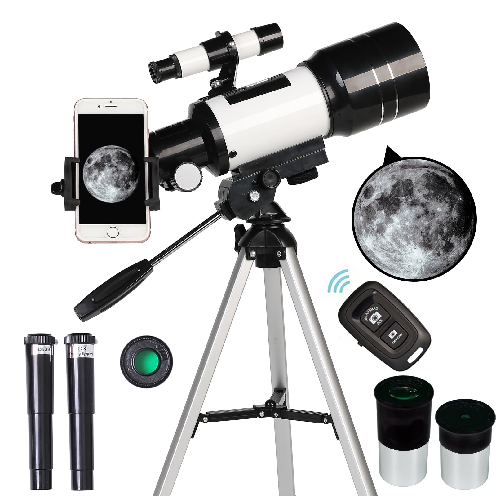 Telescope for Adults & Kids, 70mm Aperture Refractor Telescopes (15X-150X) for Astronomy Beginners, Portable Travel Telescope with Phone Adapter & Wireless Remote, Astronomy Gifts for Kids BLACK