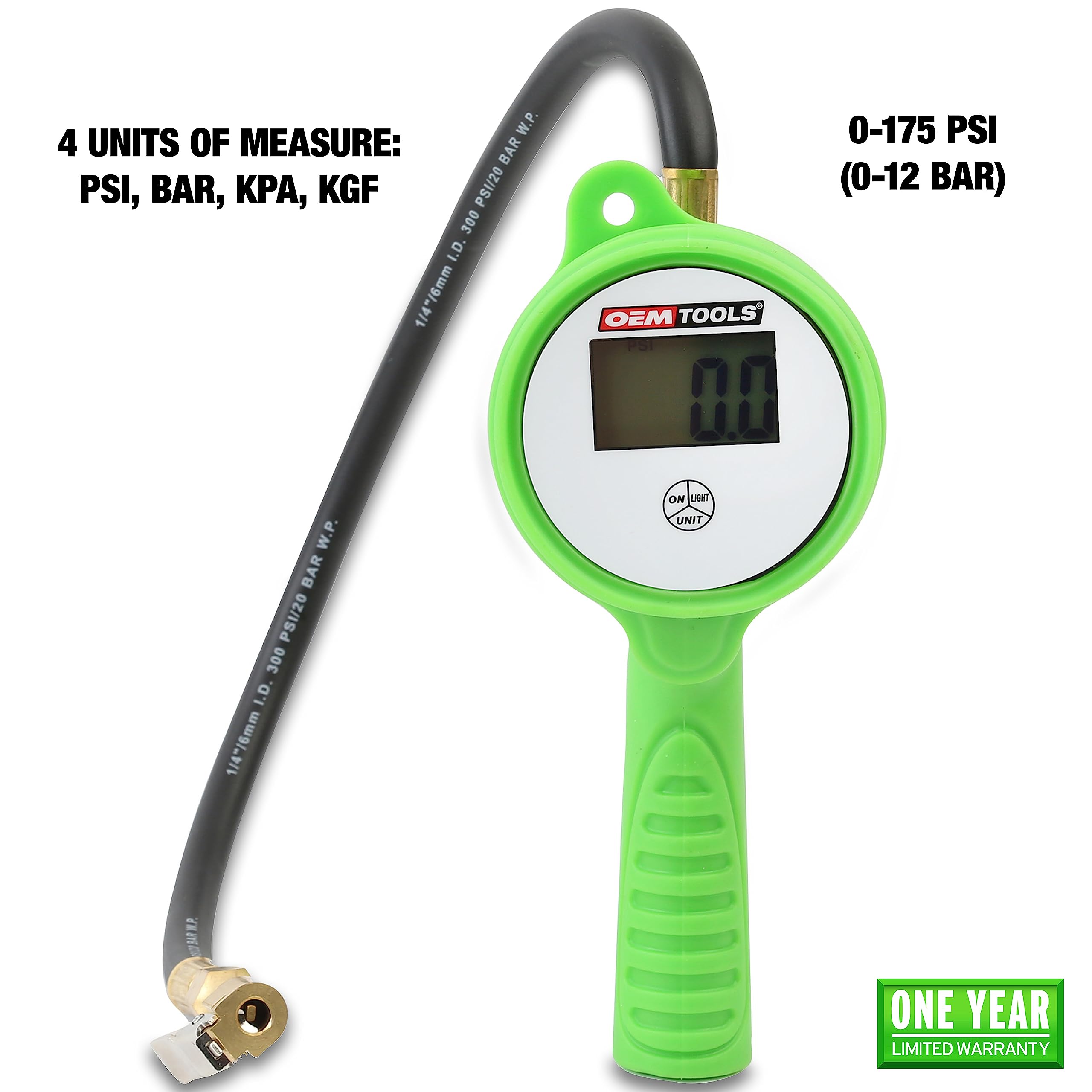OEMTOOLS 24412 Digital Tire Inflator with Tire Pressure Gauge, Digital LCD Display, 0 to 175 PSI Air Pressure Gauge for Tires with 21” Hose and Clip-On Air Chuck