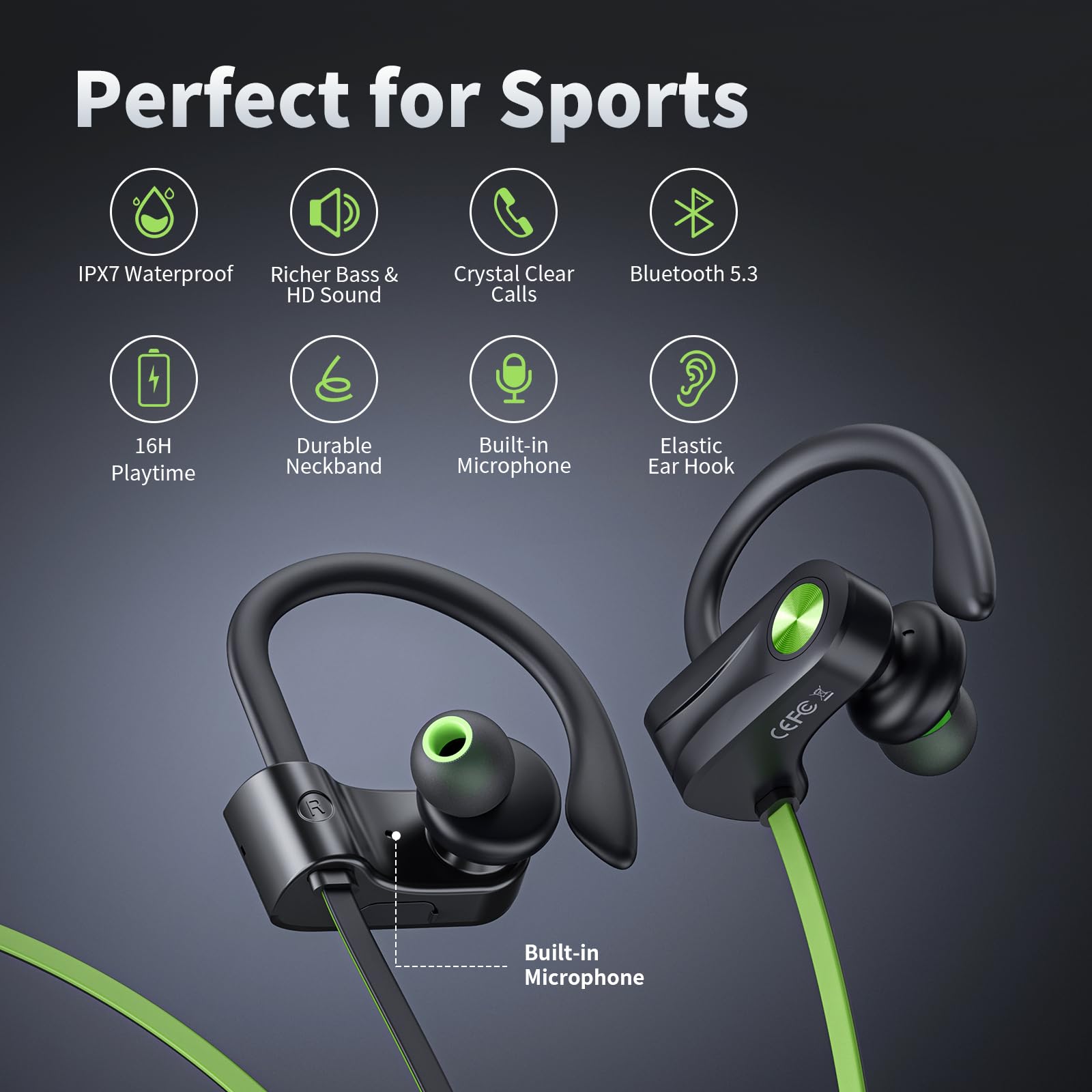 JOYWISE Bluetooth Headphones, Wireless Earbuds IPX7 Waterproof Bluetooth 5.3 Headphones with 16Hrs Playtime Stereo Bass Headsets with Mic Running Headphones with Earhooks for Sports Running Workout