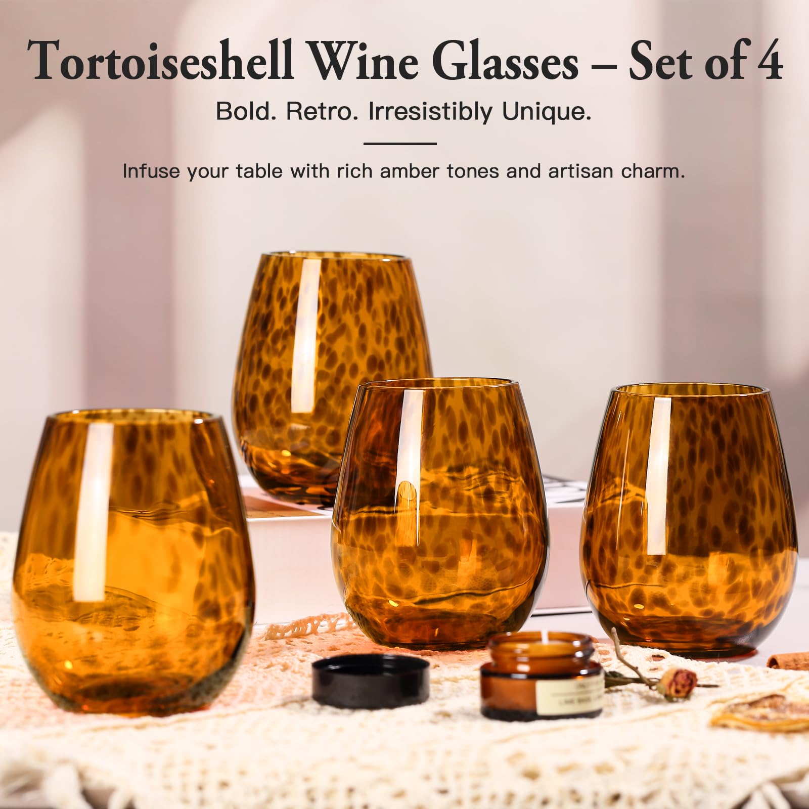 SIPBYSOP Stemless Wine Glasses Set of 4 – Tortoiseshell Colored Stemless Wine Glasses, Brown Colored Glassware, Armber Vintage Retro Tumblers for Tortoise Shell Decoration,15OZ