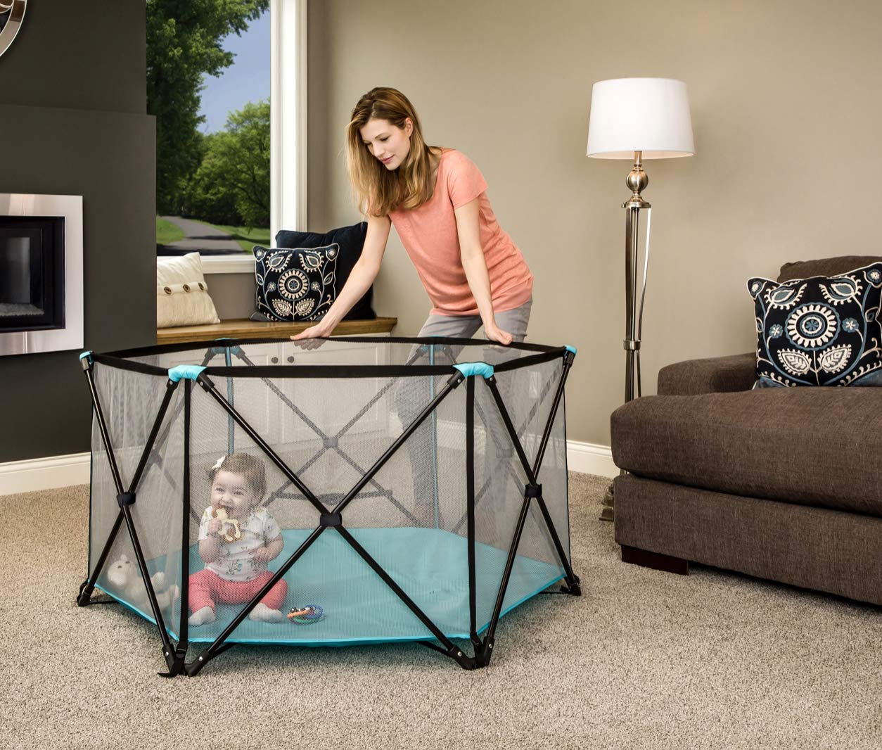 Regalo My Play Deluxe Portable Play Yard Indoor and Outdoor,Includes a Full Canopy, Aqua, 6-Panel