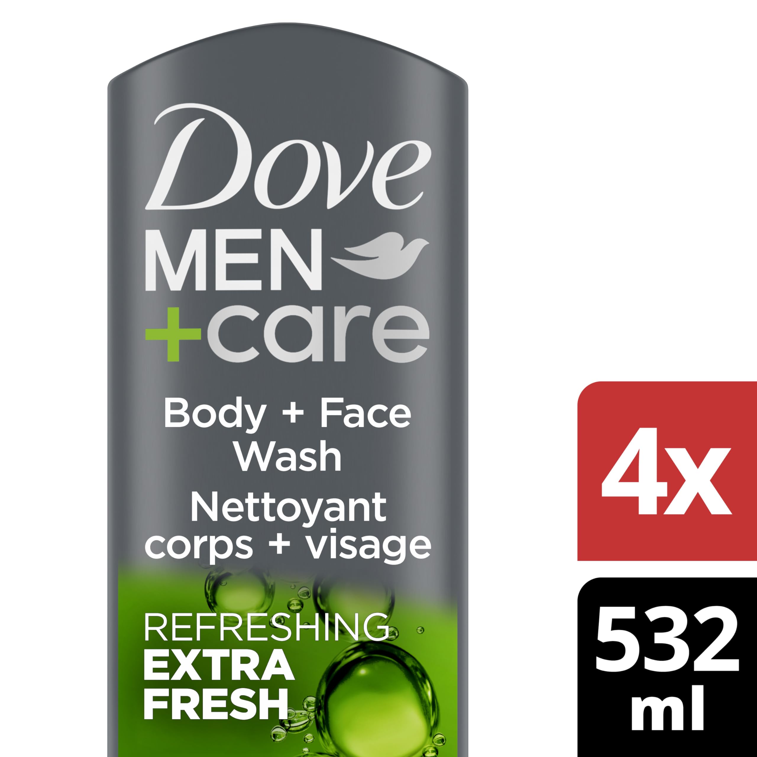 Dove Men+Care Body Wash Extra Fresh 4 Count for Men's Skin Care Body Wash Effectively Washes Away Bacteria While Nourishing Your Skin 18 oz