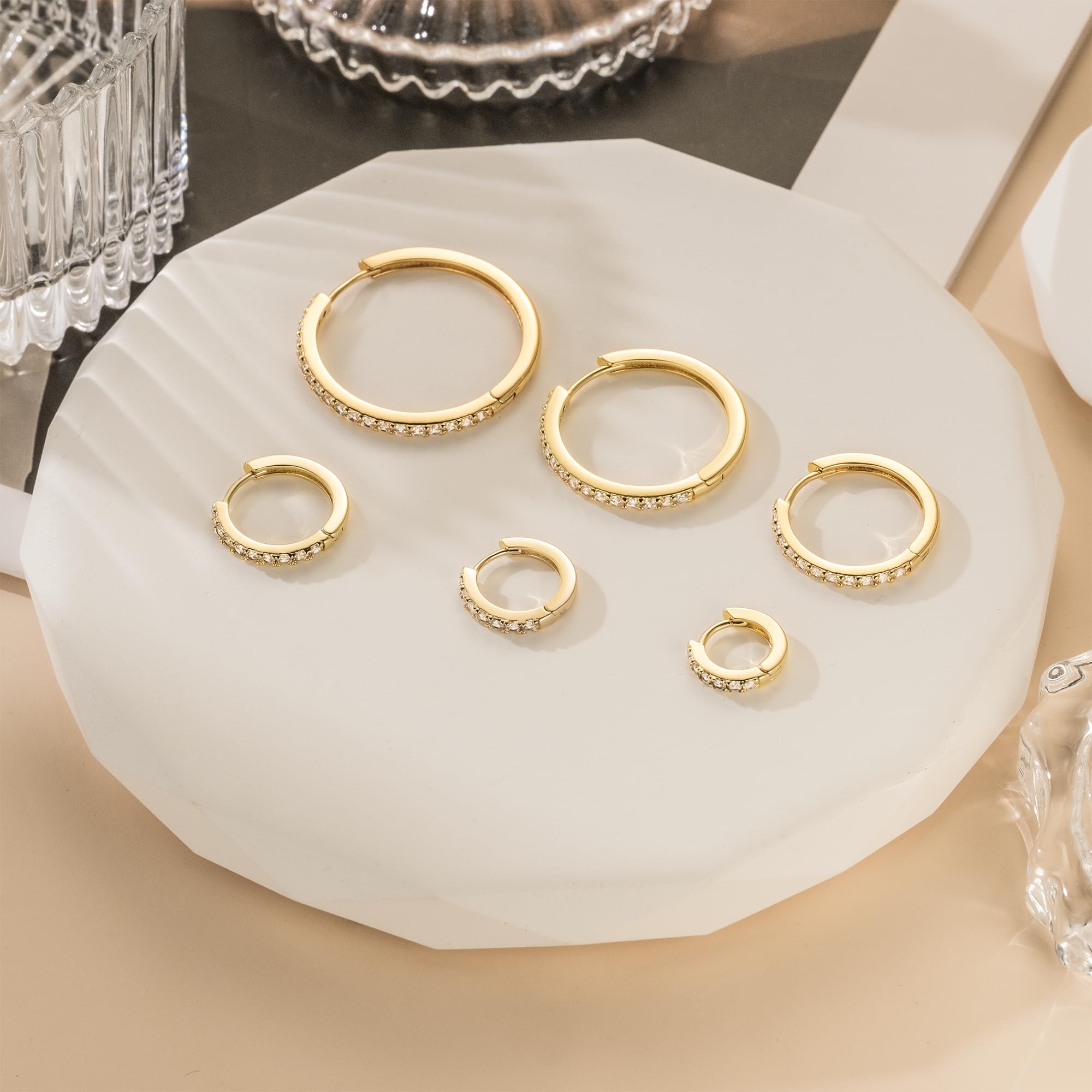 NEARLAND 14K Gold Huggie Hoop Earrings for Women 14K Gold Earrings Small Gold Hoop Earrings Gold Diamond Hoop Earrings for Women with Round Cubic Zirconia,12mm 14mm 16mm (16mm)