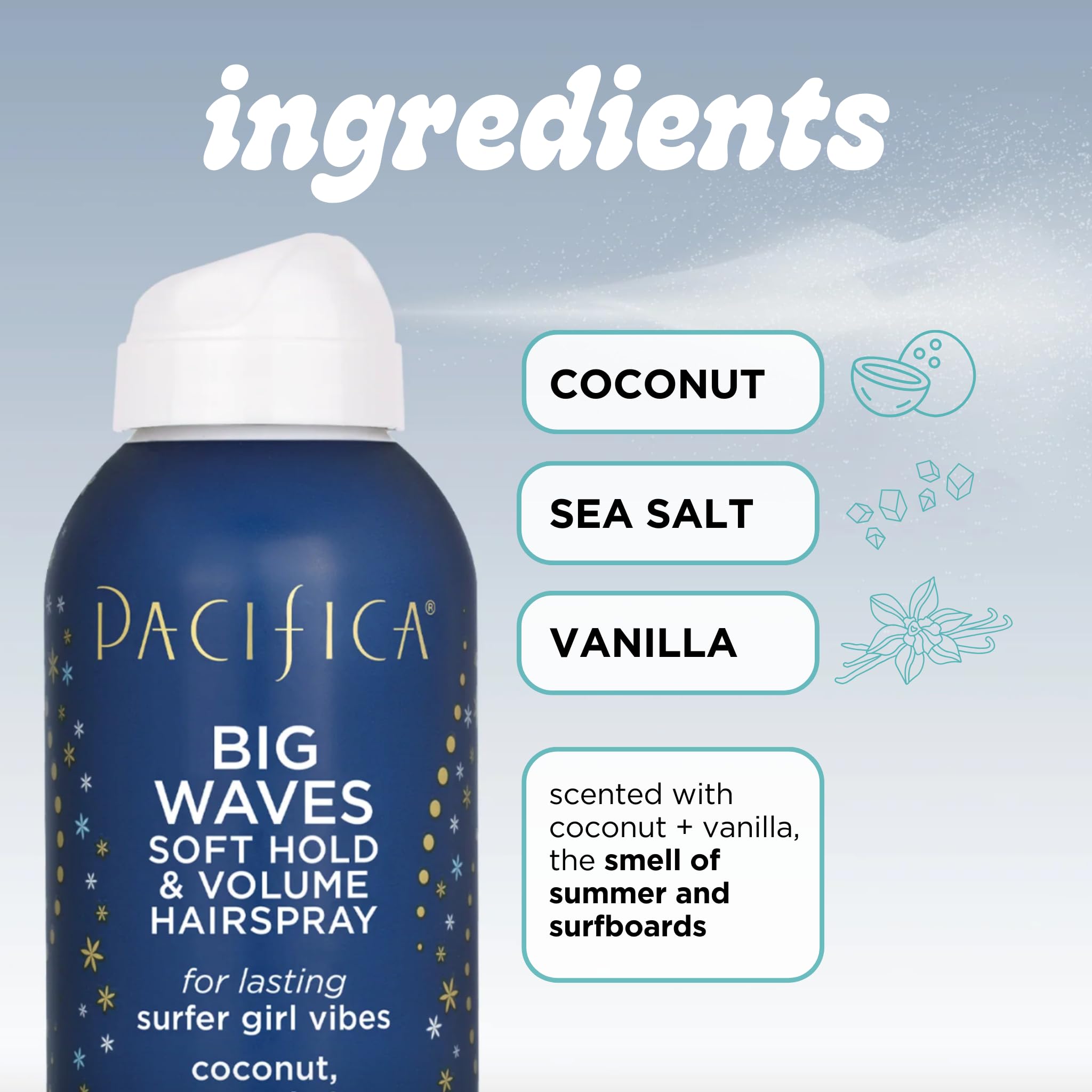 Pacifica Beauty Big Waves Coconut, Vanilla & Sea Salt Hairspray, Controls Frizz & Adds Volume, Designed for Wavy Hair, Vegan & Cruelty-Free, 6 Fl Oz