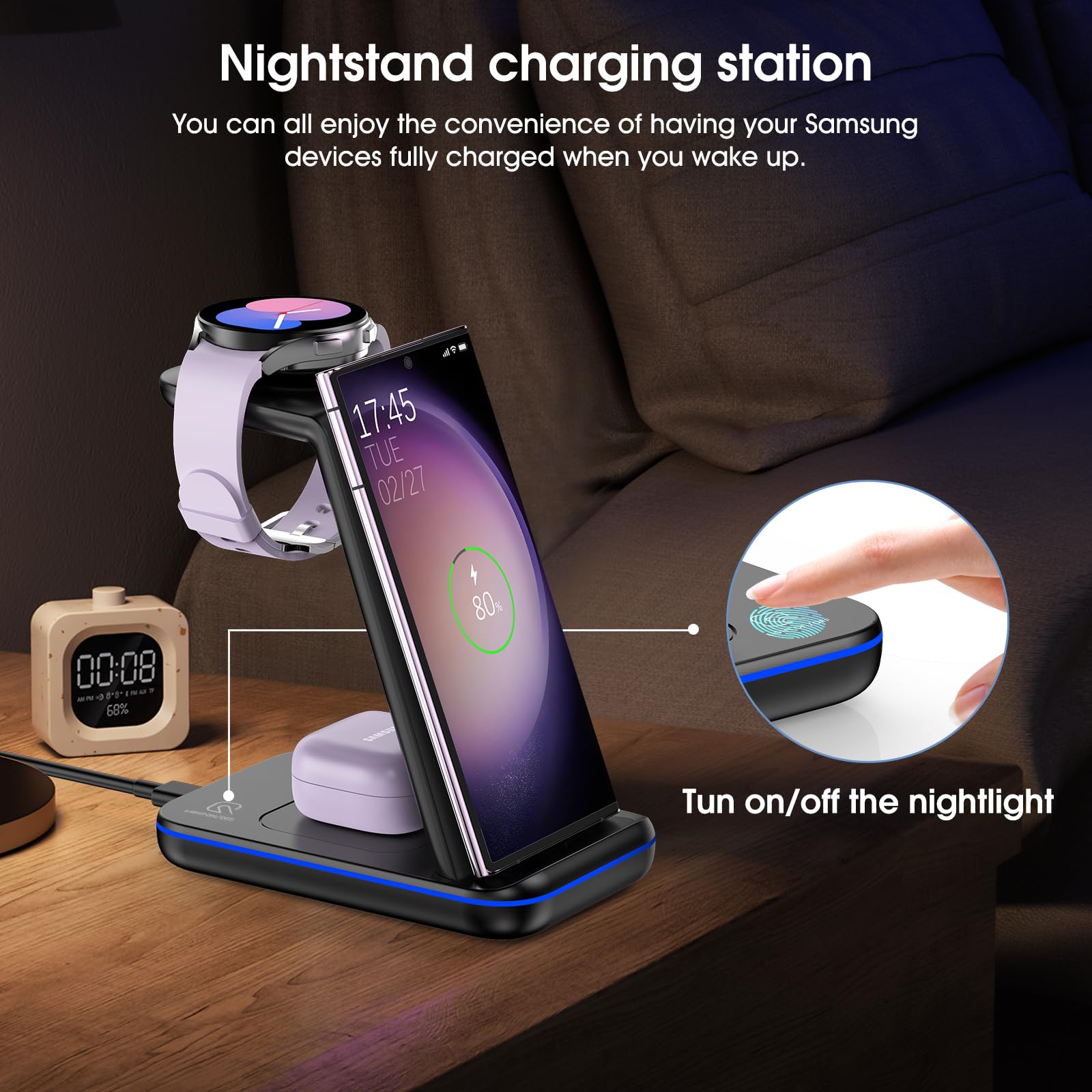 Wireless Charging Station for Samsung/Android, Fast Wireless Watch Charger Stand/Station Compatible for Samsung Galaxy S24/S23+/S22/Z Flip 6/5 Fold 6/5, Watch7/6/5/Pro/4/Active 1/2 Galaxy Buds3/2 Pro