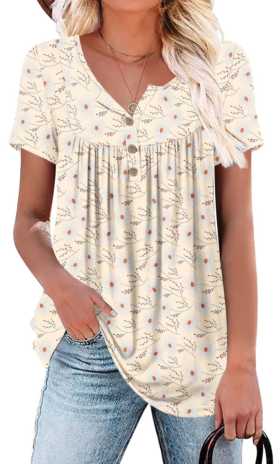 POPYOUNG Women's Plus Size Summer Tunic Tops Short Sleeve Henley Shirts Ladies Flowy Blouses M-4XL 2XL, white Chrysanthemum