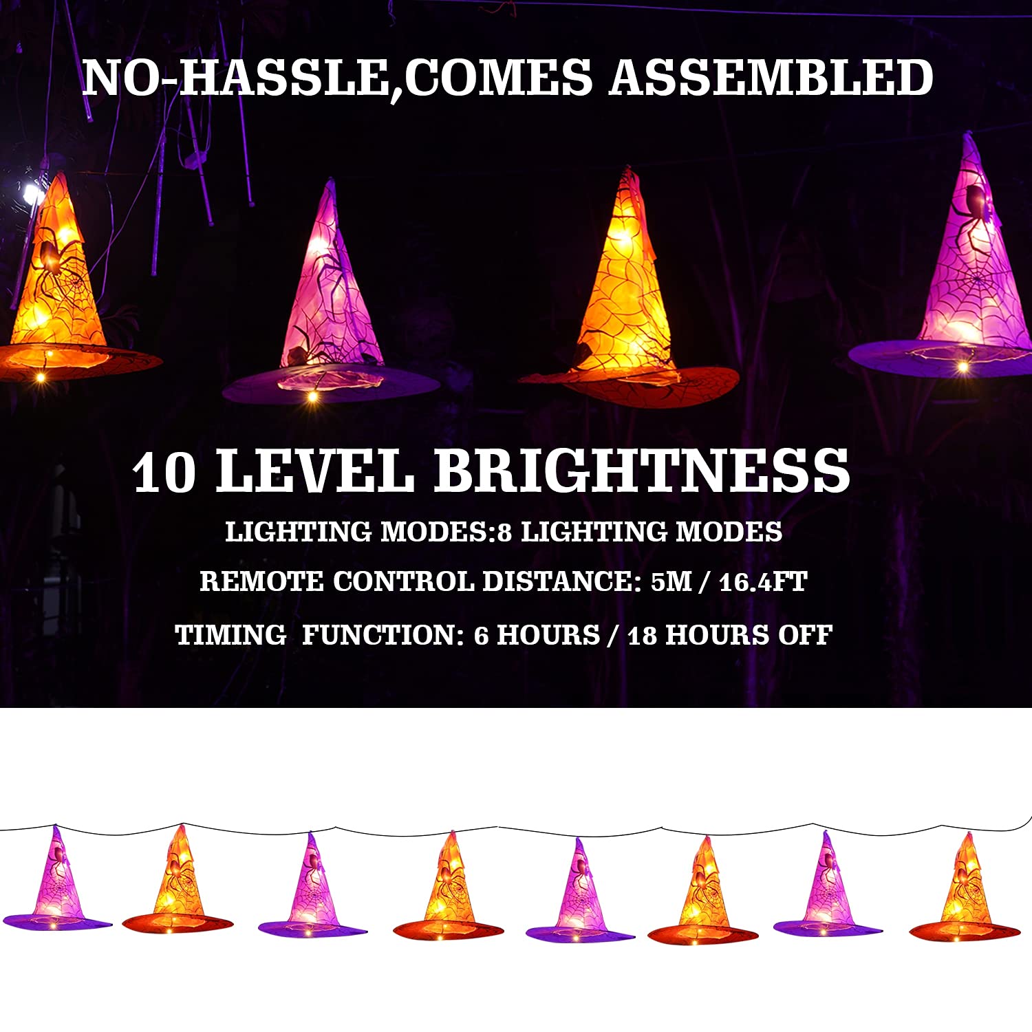 Funpeny Halloween Decoration Lights, 8 PCS Waterproof Hanging Witch Hat with String Lights with Remote for Indoor Outdoor Garden Yard Party Decor