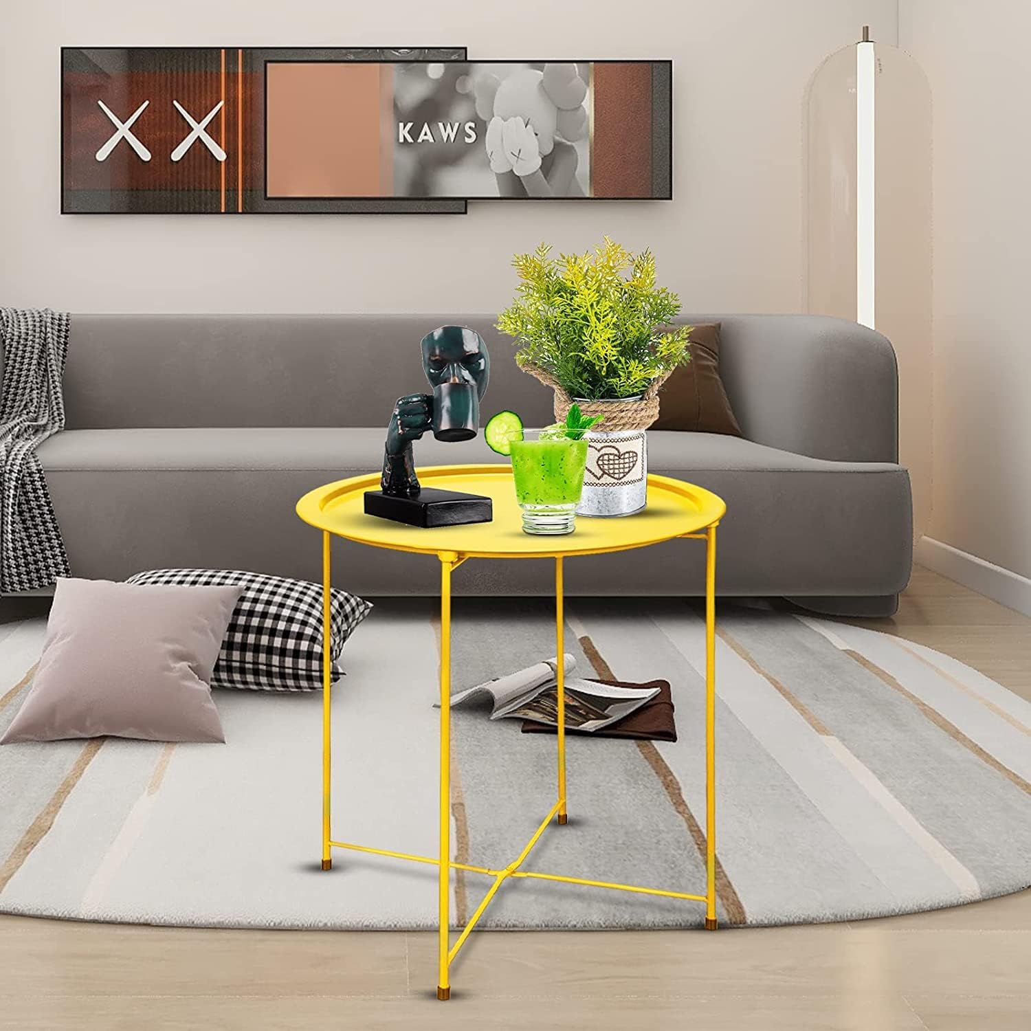 Garden 4 you End Table Outdoor Side Table, Small Patio Table Metal Side Table, Round Folding Side Table, for Outdoor and Living Room,Yellow