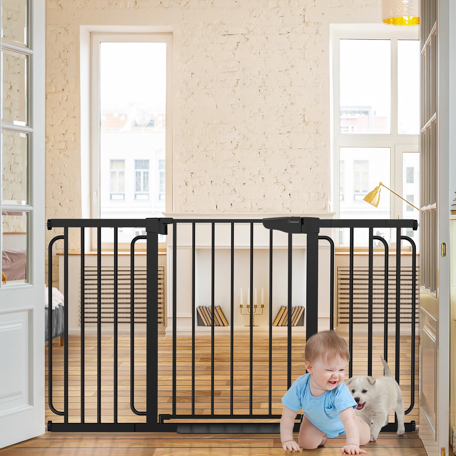 Cumbor 29.7-57" Extra Wide Baby Gate for Stairs, Mom's Choice Awards Winner-Dog Gate for Doorways, Pressure Mounted Walk Through Safety Child Gate for Kids Toddler, Tall Pet Puppy Fence Gate, Black