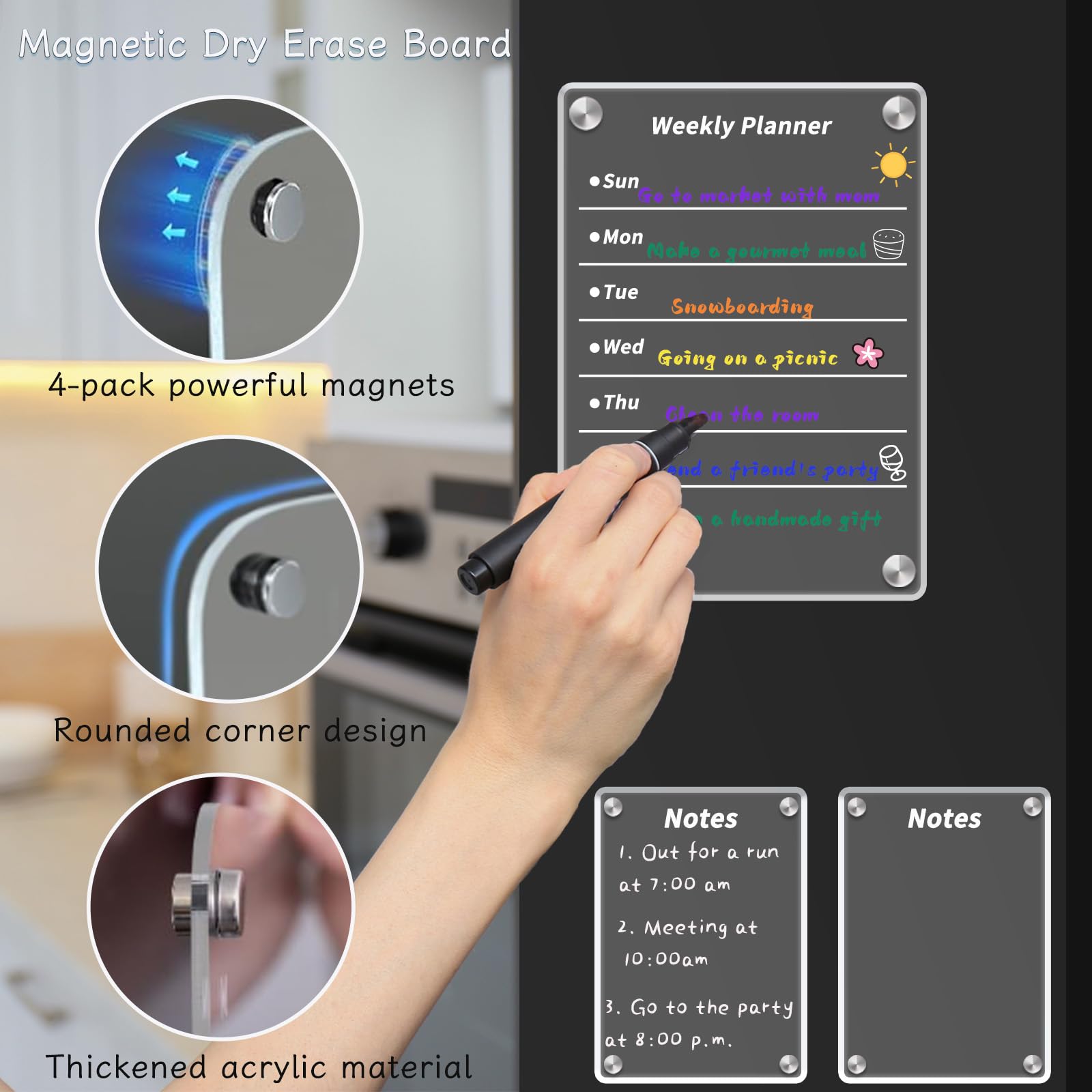 Naisidas Acrylic Magnetic Dry Erase Board for Fridge，Set of 4 Transparent Planning Boards Weekly Calendar, Notes Planning Board，Includes 8 Markers and Towel