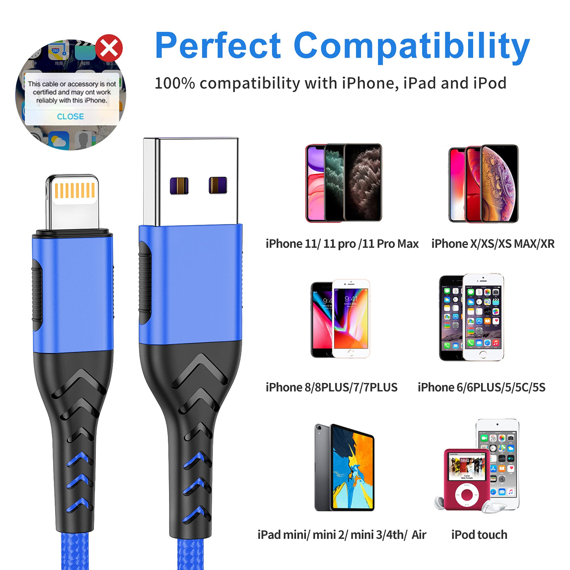 iPhone Charger, [Apple MFi Certified] 3Pack 10FT Lightning Cable for Long Charger Cable, Fast Charging Cord Compatible with with iPhone Xs Max/XS/XR/X/8/7/6S/6/Plus/SE/iPad(Blue)