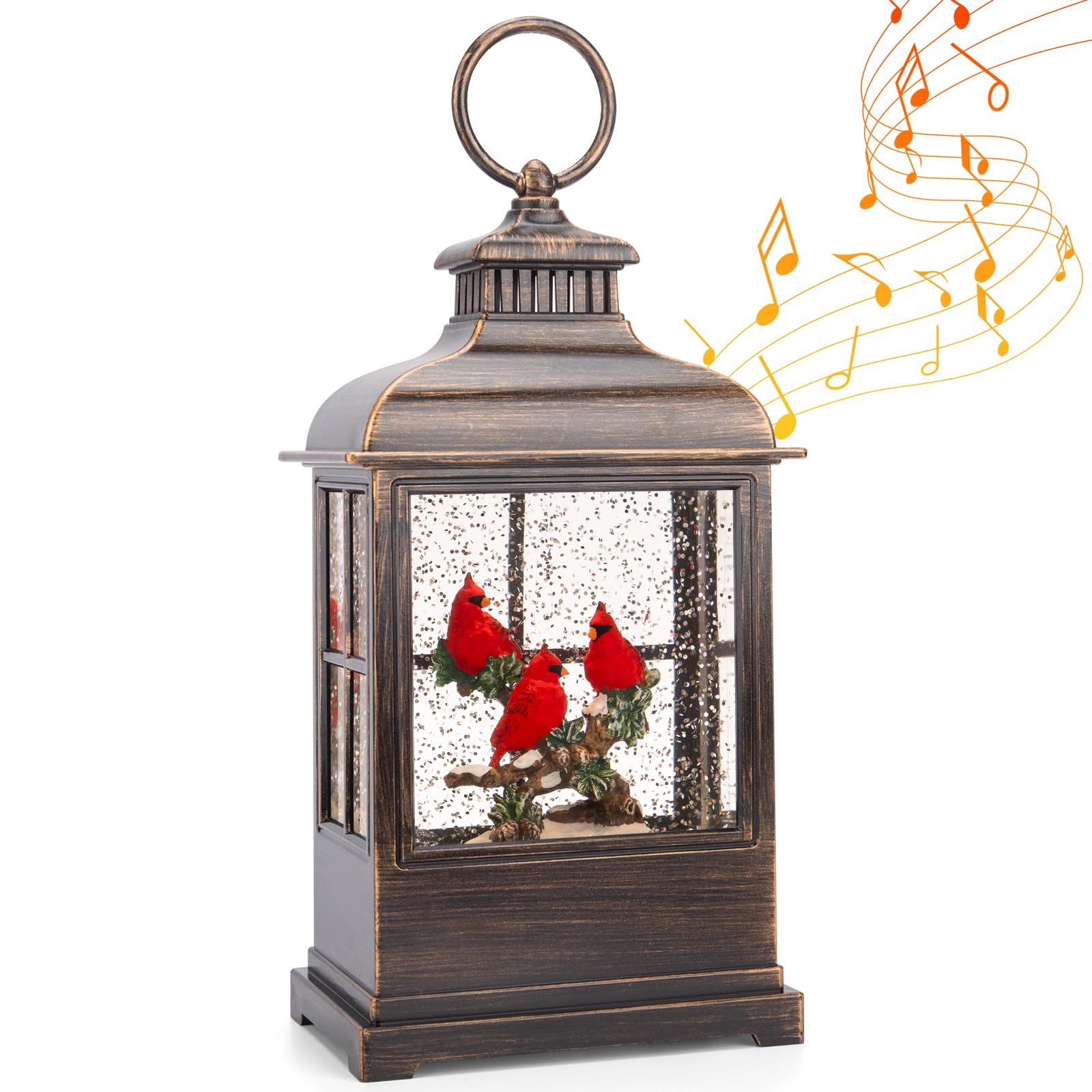 Christmas Snow Globe Lantern 6H Timer-Cardinal Bird in Musical LED Glittering,USB & Battery Operated, Music Box for Christmas Home Décor and Gift Decorations