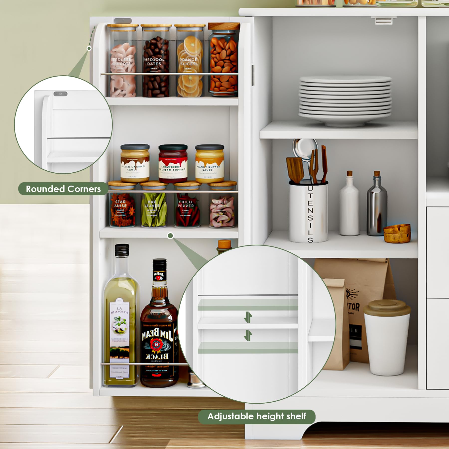 BOTLOG Buffet Cabinet with Microwave Stand, Kitchen Storage Cabinet with Door Shelf, Drawers and Adjustable Shelf, Kitchen Sideboard Cabinet with Storage Cabinet White Painted