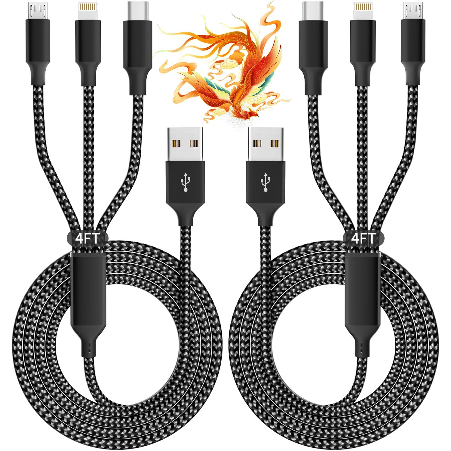 IDISON Multi Charging Cable(2Pack 4FT), 3 in 1 Charger Cable Nylon Braided Multiple USB Cable Universal Phone Charging Cord with Type-C, Micro USB, IP Port for iPhone16/15 Series/Cell Phones and More