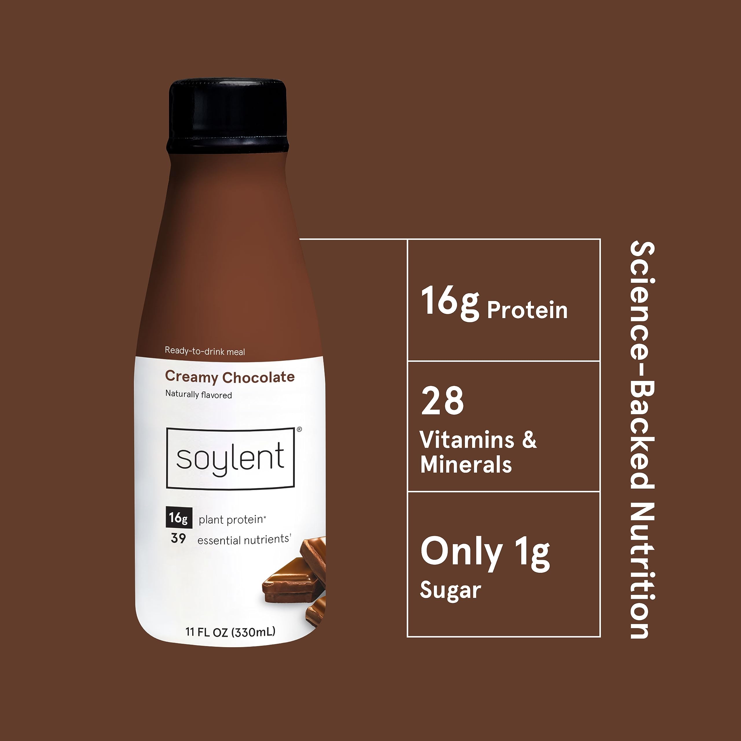 Soylent Chocolate Meal Replacement Shake, Contains 16g Complete Vegan Protein, Ready-to-Drink, 11oz, 12 Pack