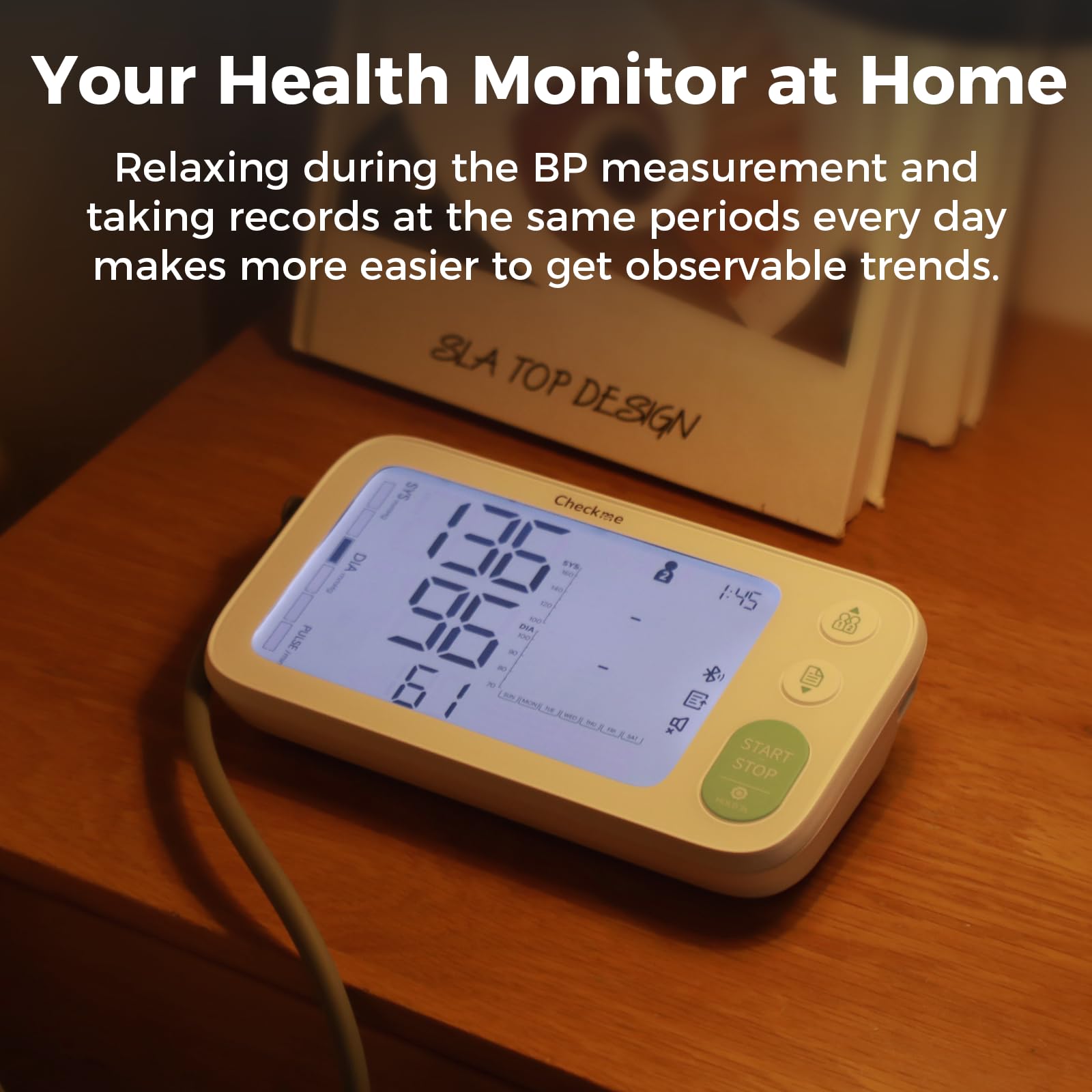 Checkme Blood Pressure Monitors for Home Use, Automatic Digital BP Machine with Bluetooth, Dual Display with 7 Days Trends, XL Size Cuff 8.7-17.7˝, 2 * 250 Storage, Dual Power Supply, Voice Broadcast