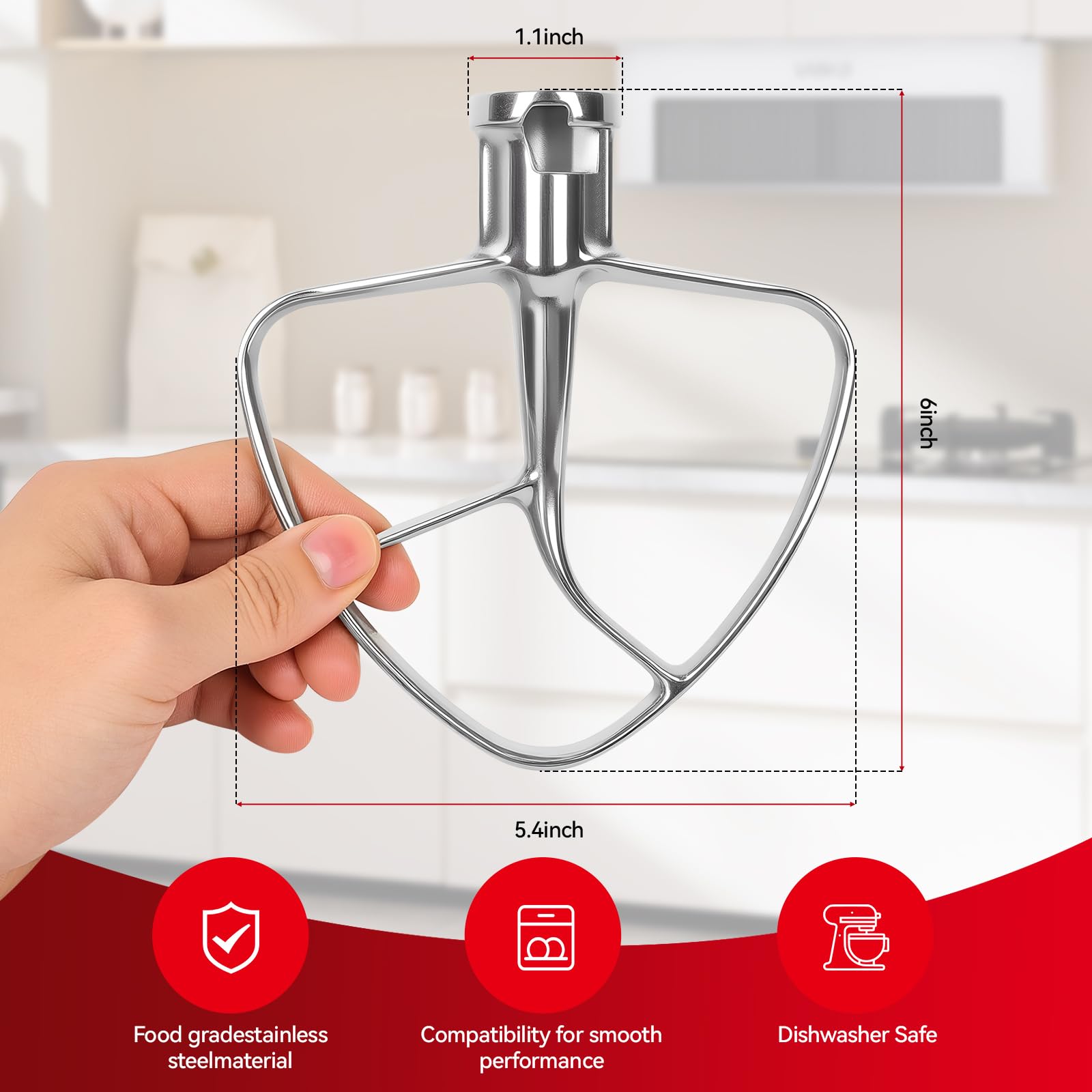 K45B Stainless Steel Flat Beater for Kitchenaid Tilt Head Stand Mixer, Polished Paddle Attachment for KitchenAid Mixer Attachments, Fits 4.5-5 Quart Models, Dishwasher Safe