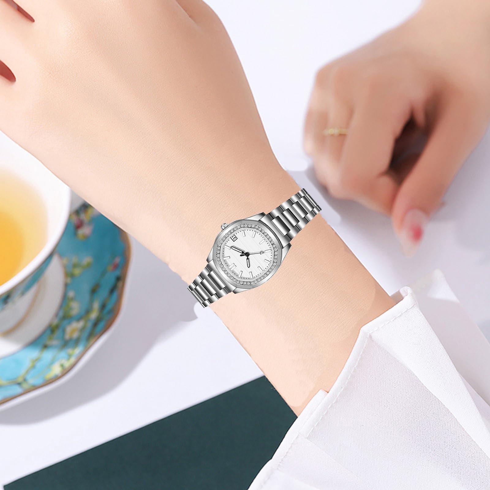 BESTKANG Luxury Women's Watch Date Luminous Waterproof Analog Quartz Dainty Watches for Women (Silver White)