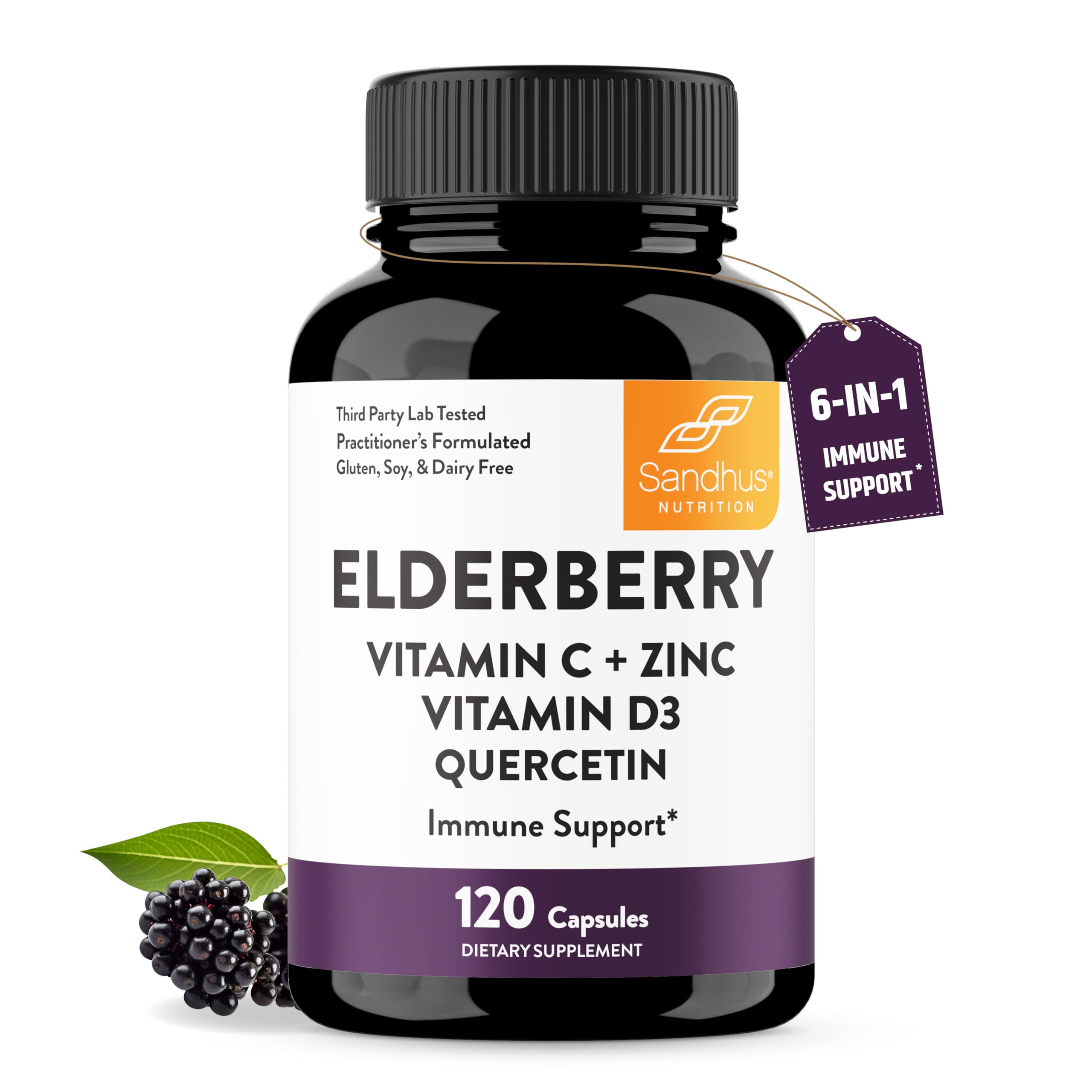 Elderberry Vitamin C and Zinc with Quercetin & Vitamin D3 | 6-in-1 Immunity Supplement | Sambucus Elder Berry Antioxidants Capsules for Adults | Supports Immune Health | 120 Count (Pack of 1)