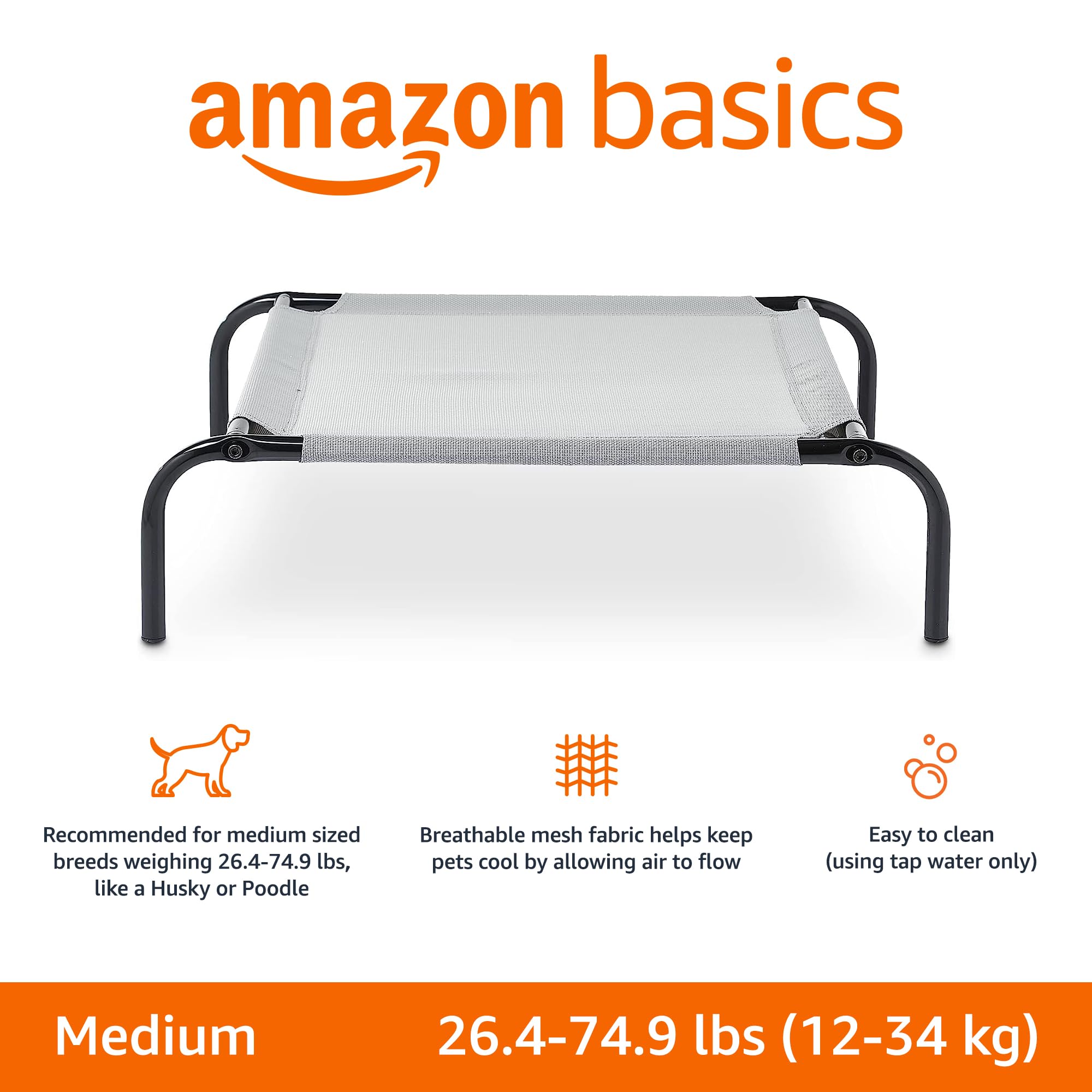 Amazon Basics Breathable Cooling Elevated Dog Bed with Durable Metal Frame, Medium, 43 x 26 x 7.5 Inch, Grey