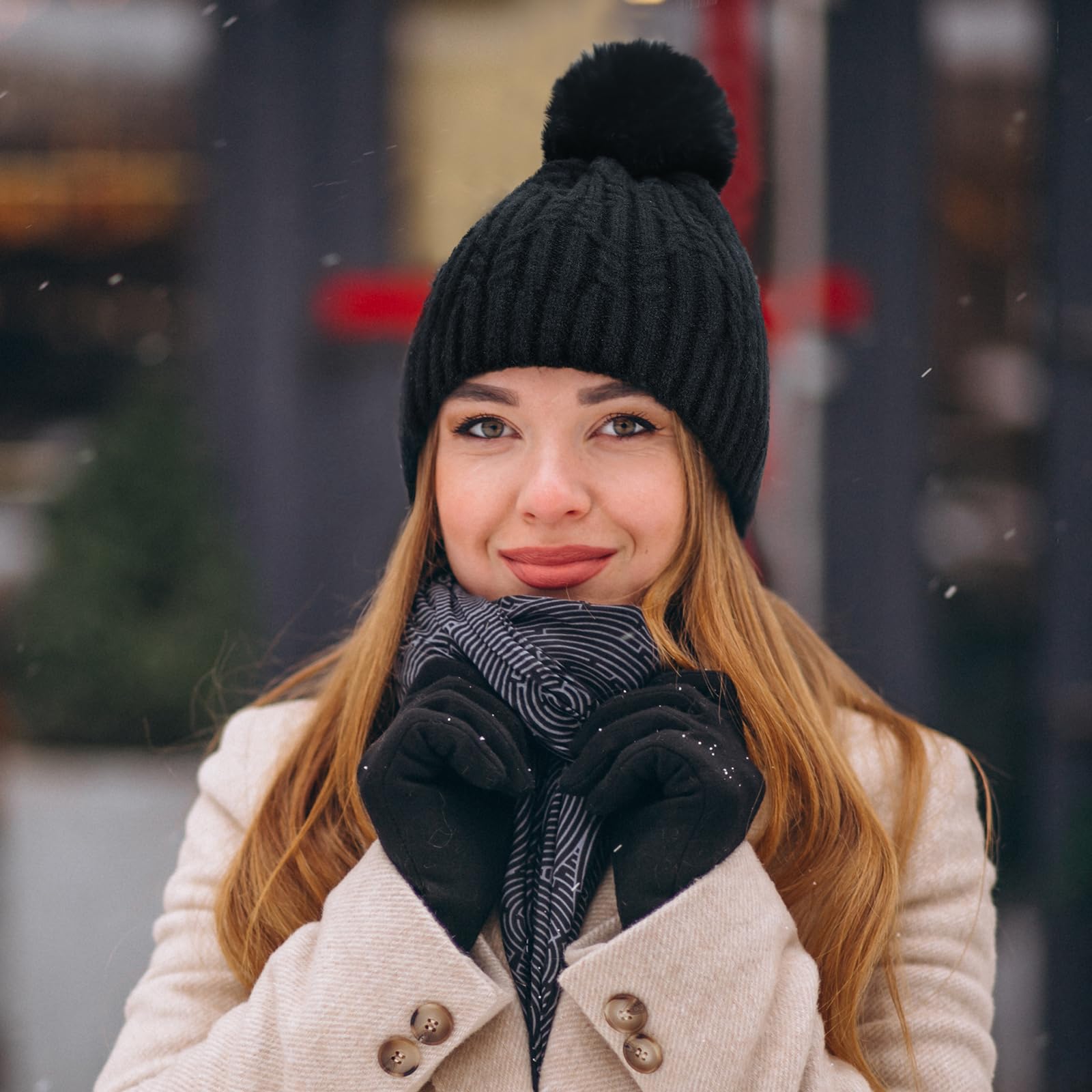 Loiyadn Women's Winter Beanies - Knit Beanie Hats with Faux Fur, Soft and Warm - Black