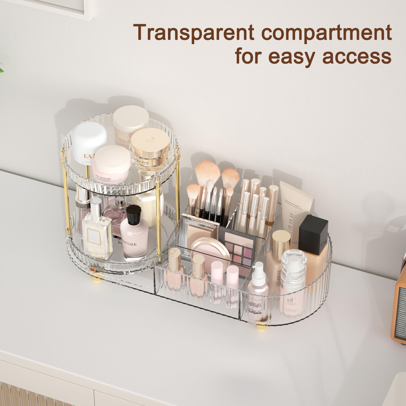 Makeup Organizer Countertop for Vanity, Rotating Perfume Tray with 5-compartment Cosmetic and Skincare Organizers, Multi-Purpose Desk Storage Makeup Brush Holder for Bathroom Bedroom Counter