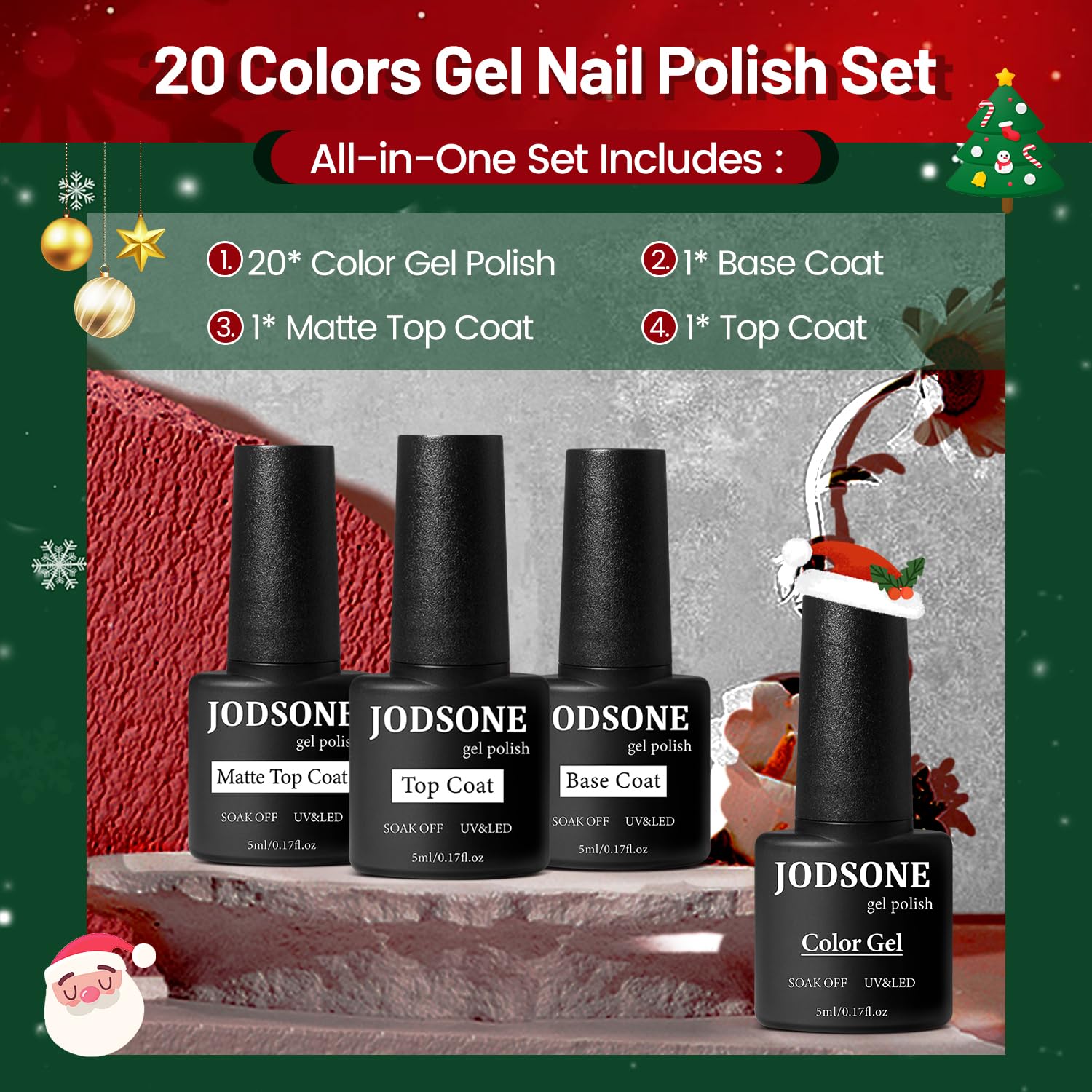 JODSONE Gel Nail Set 20 Colors High Shine Gorgeous Gel Polish Base Top Matte Coat Nice Gifts Show Charm