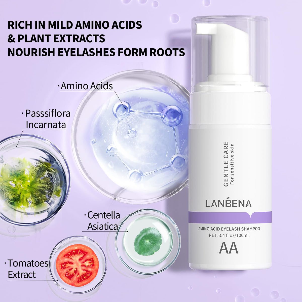 LANBENA 100ml Eyelash Extension Cleanser/Shampoo with AMINO ACID, Oil Free Foam Bath Lash Cleaning Kit with Brush,Home Salon Use