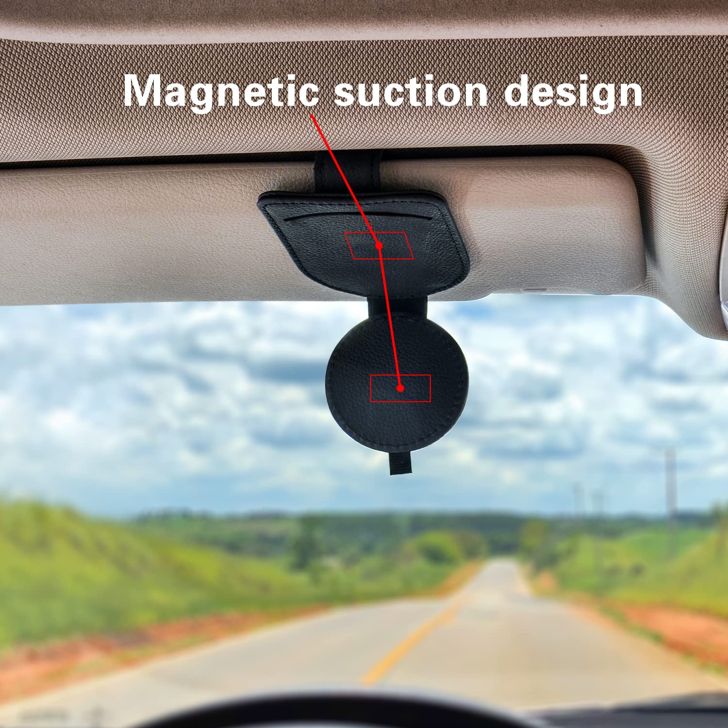 sicotool Sunglass Holder for Car Visor, Magnetic Leather Eyeglass Holder and Ticket Card Clip, Black Sunglasses Clip Car Accessories Interior for Woman Man