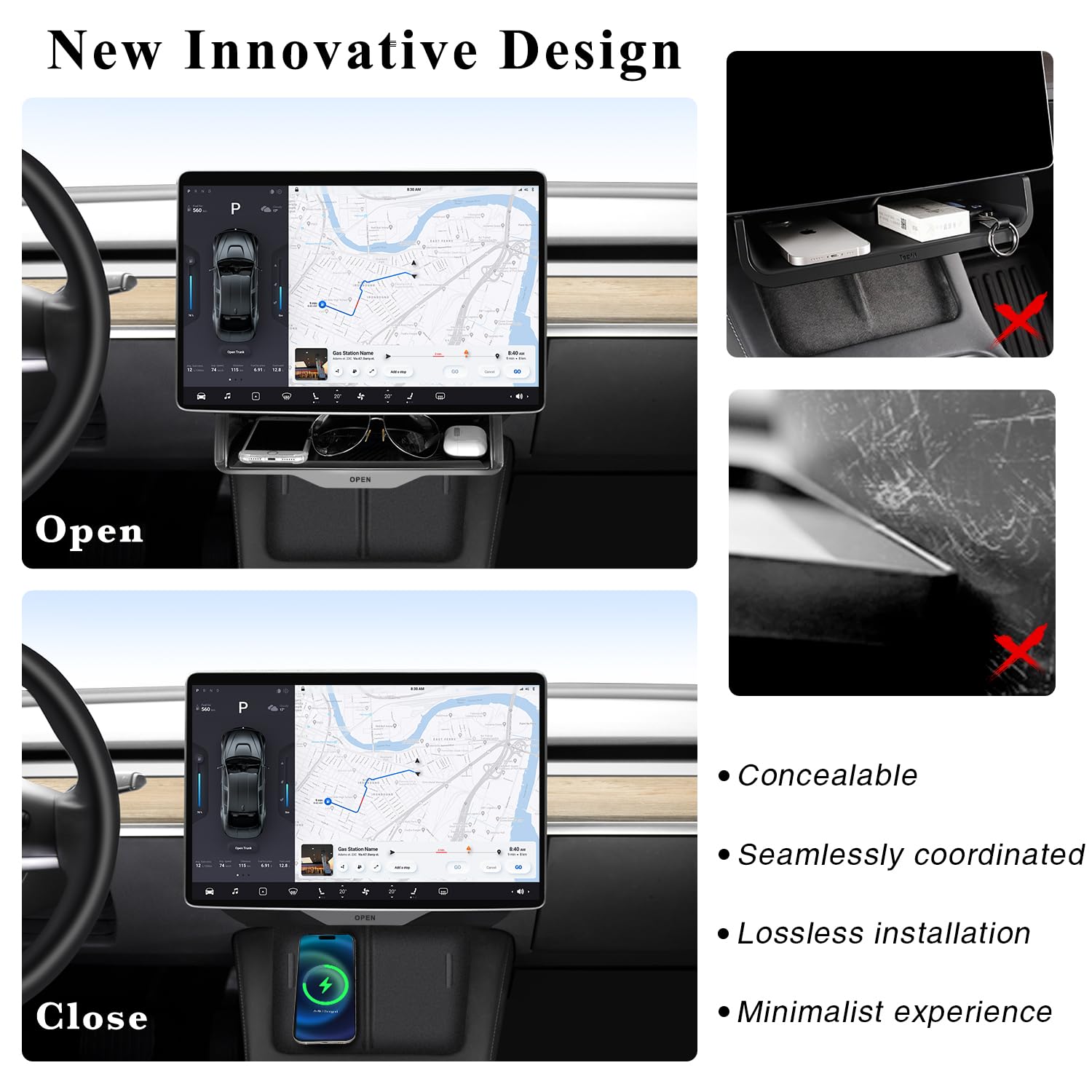 Hideable Under Screen Storage for Tesla Model Y Model 3 2016-2024, Center Console Organizer Tray Sunglasses Holder with Black Anti-Slip Pad, Compatible with Tesla Model Y Model 3 Accessories