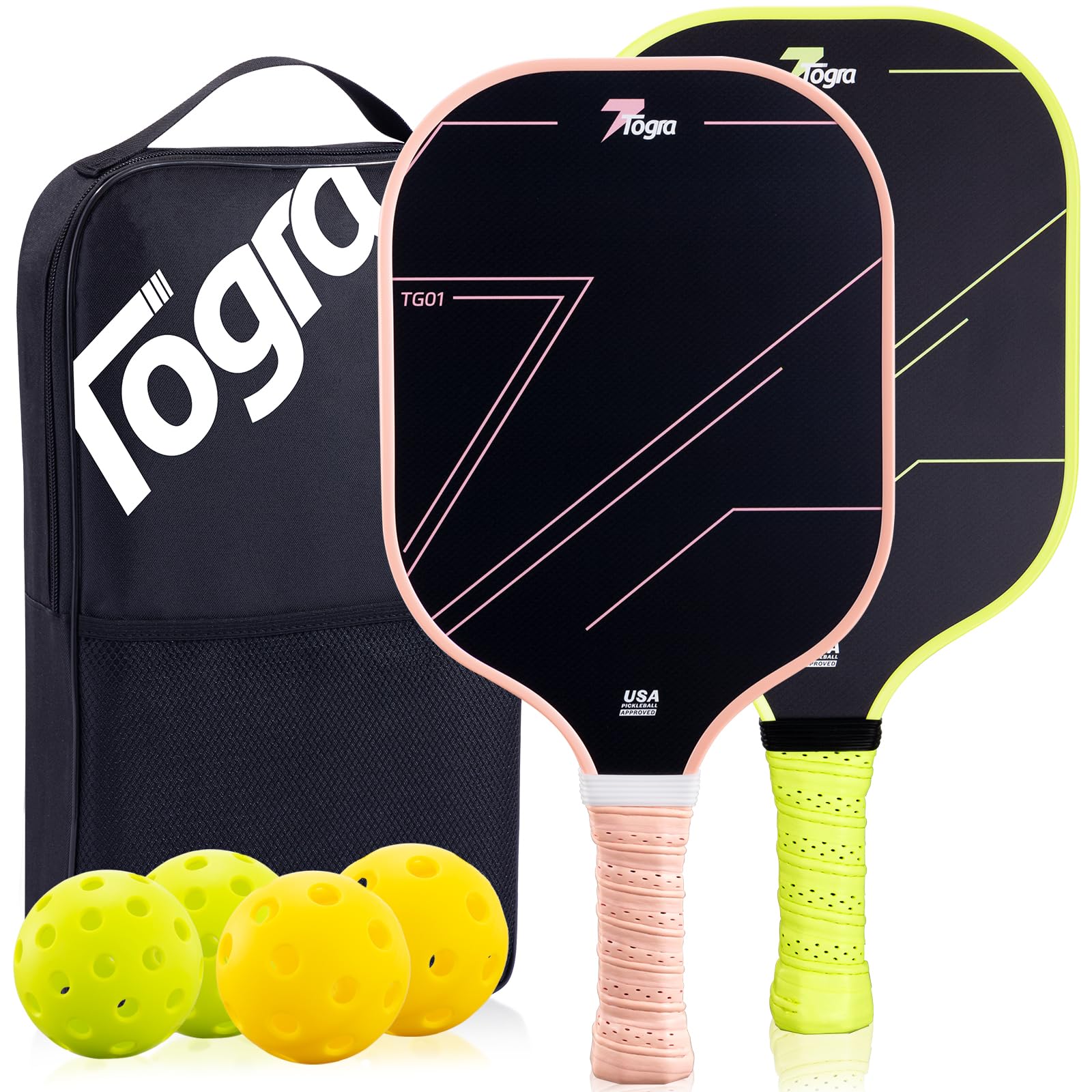 TOGRA Pickleball Paddles, USAPA Approved Carbon Fiber Pickleball Paddles Set of 2, Lightweight Graphite Pickleball Rackets with 4 Pickleball Balls, 1 Pickleball Bag, Pickle Ball Paddle for Men Women