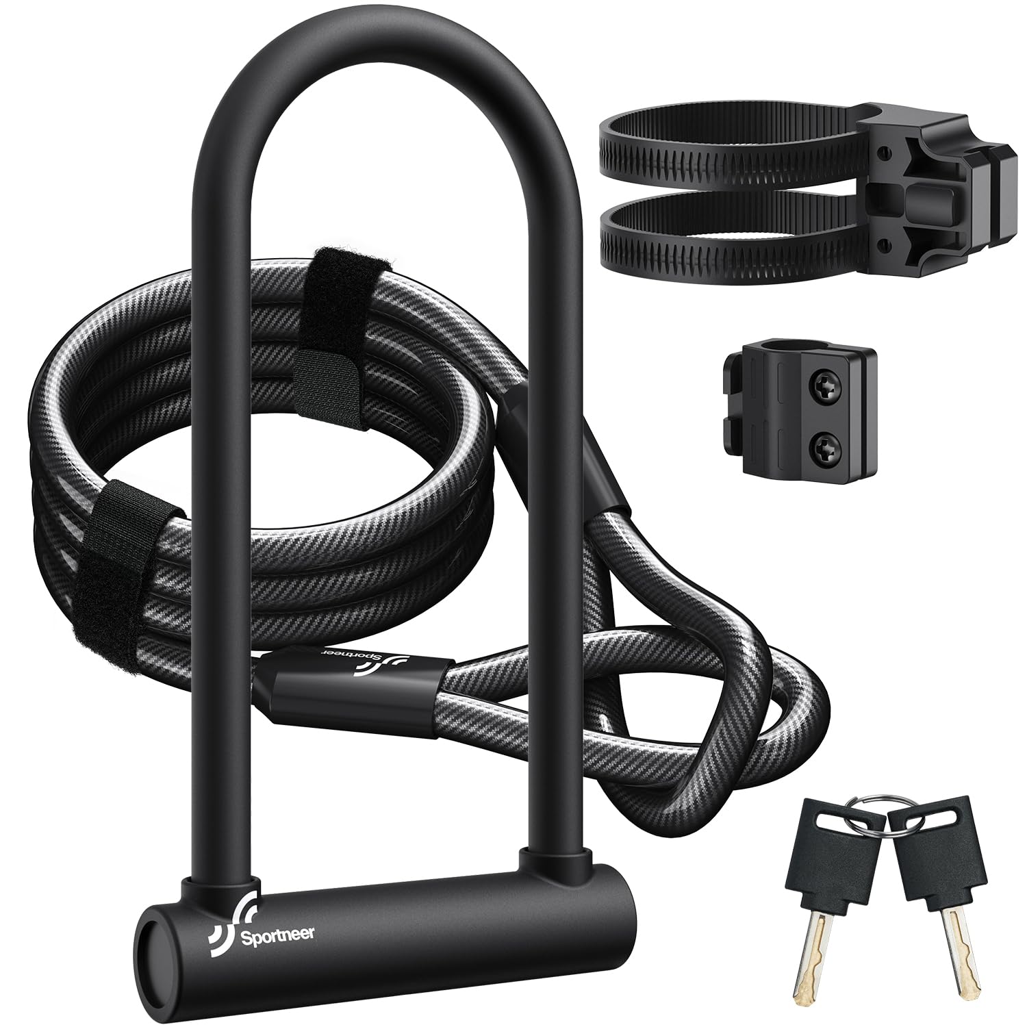 Sportneer Bike Lock: Heavy Duty Bike U Lock with 6ft Security Steel Cable - 18mm Shackle Bicycle U-Locks with Keys and Sturdy Mounting Bracket for Road Mountain Bike Bicycle