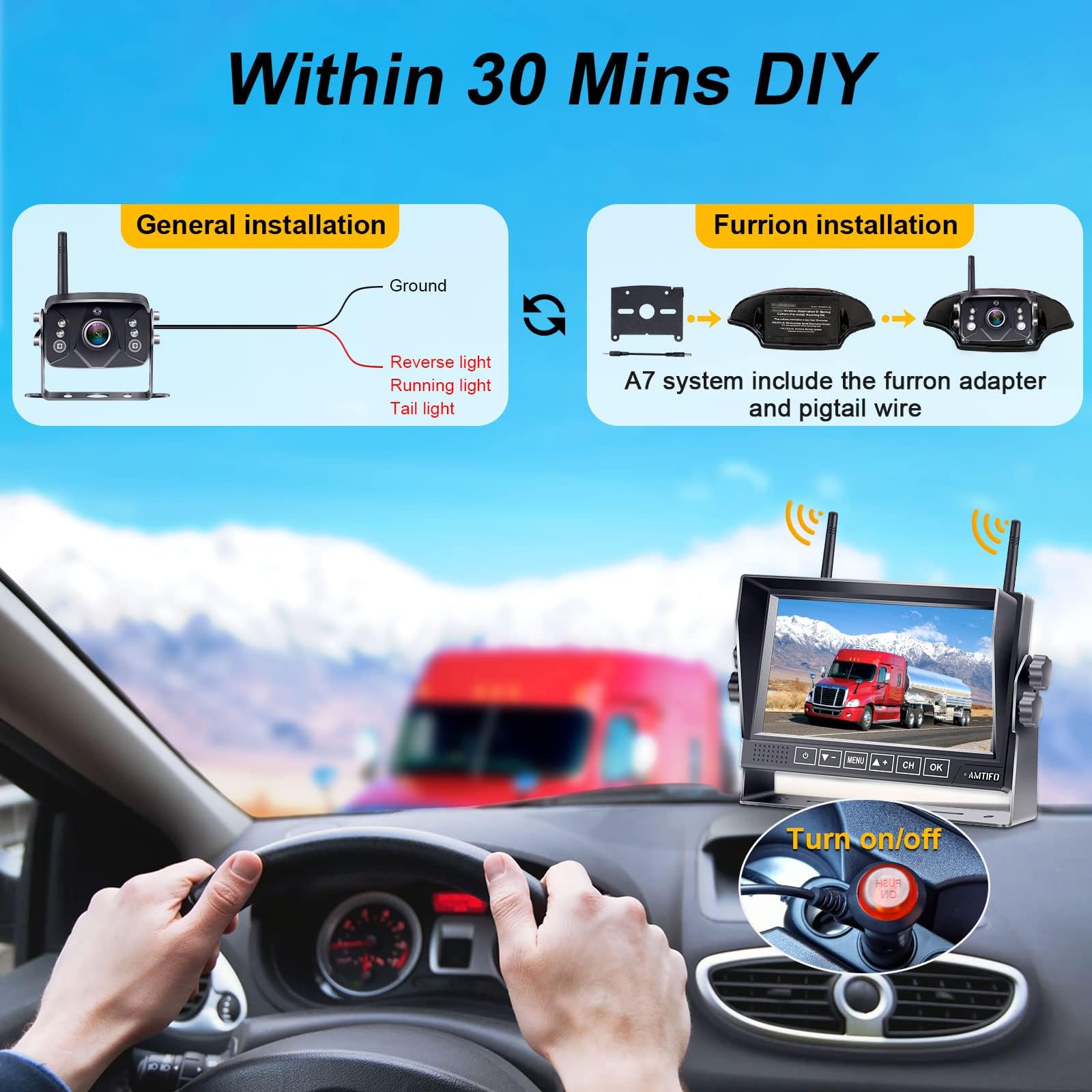 Wireless Backup Camera for Furrion RV: 7-Inch Recording Plug-Play Easy Setup Truck Trailer Back Rear View Camera Touch Button Monitor Split Screen 4 Channels AMTIFO A7