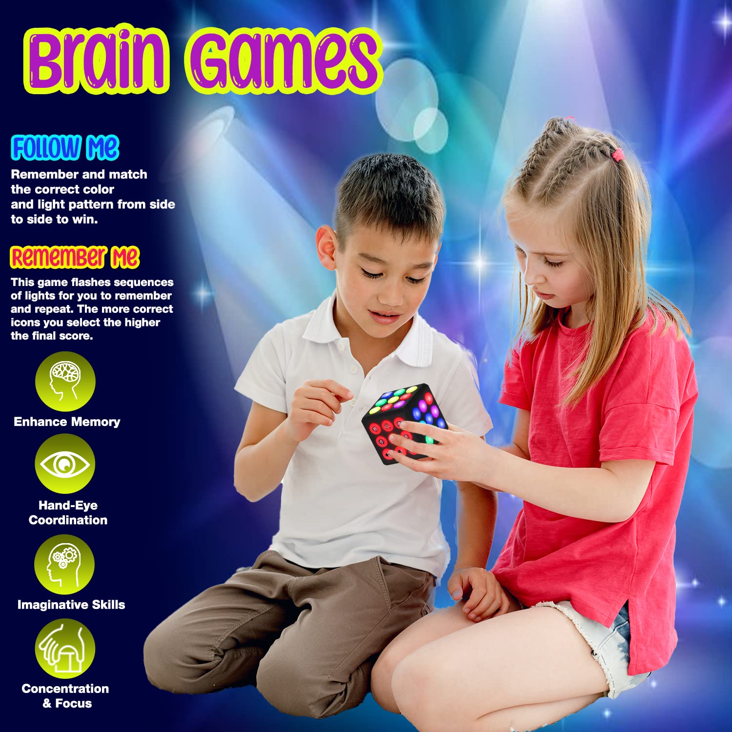 PlayRoute Electronic Brain & Memory Game Cube - Fun Toy Gift Ideas for Ages 6-12+ Year Old Boy & Girl - Cool Toys for Boys and Girls - Handheld Games Gifts for Kids and Teens