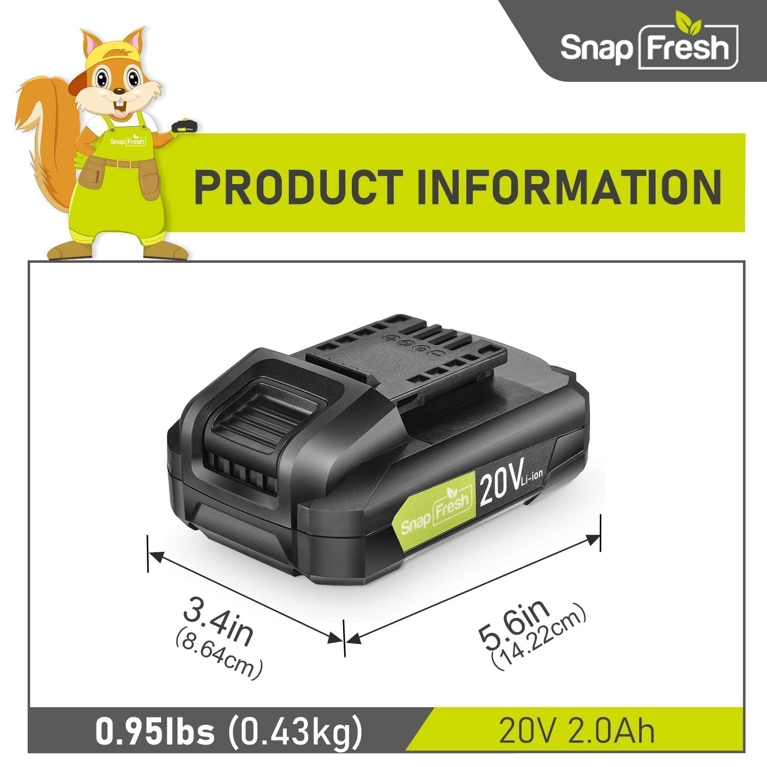 SnapFresh 20V 2.0Ah Li-ion Battery, 2-Pack(Not Compatible with Other Brands), Lithium-Ion Battery Support Fast Charging(BBT-DC20A)